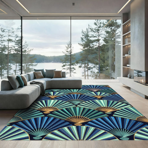 Art Deco Teal Blue Fan Mosaic Rug