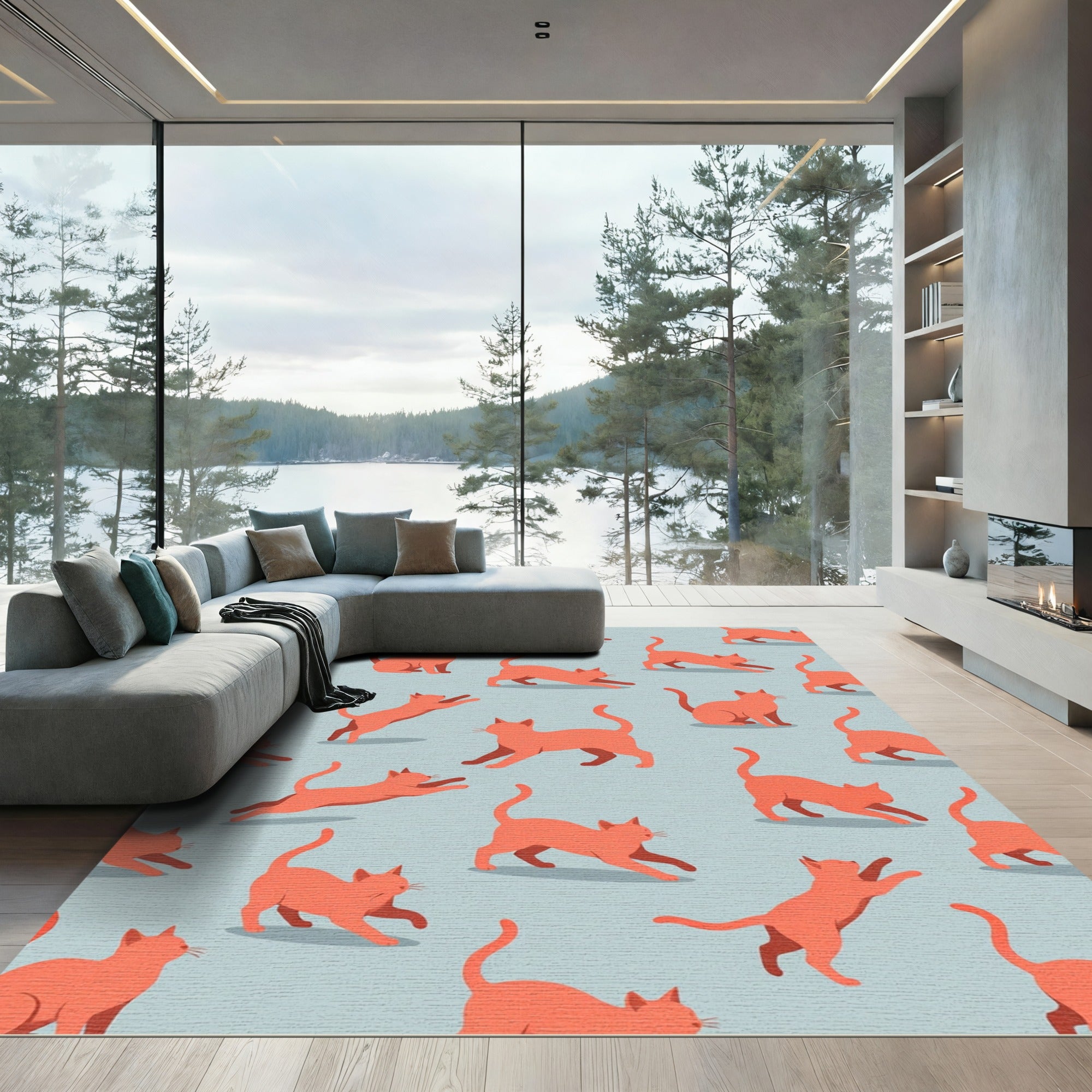 Playful Coral Orange Stretching Cat Illustration Rug
