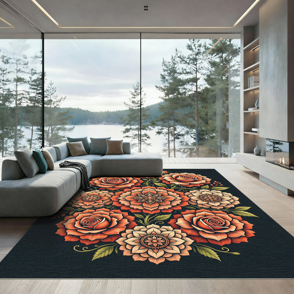 Vibrant Orange Floral Mandala Arrangement Rug