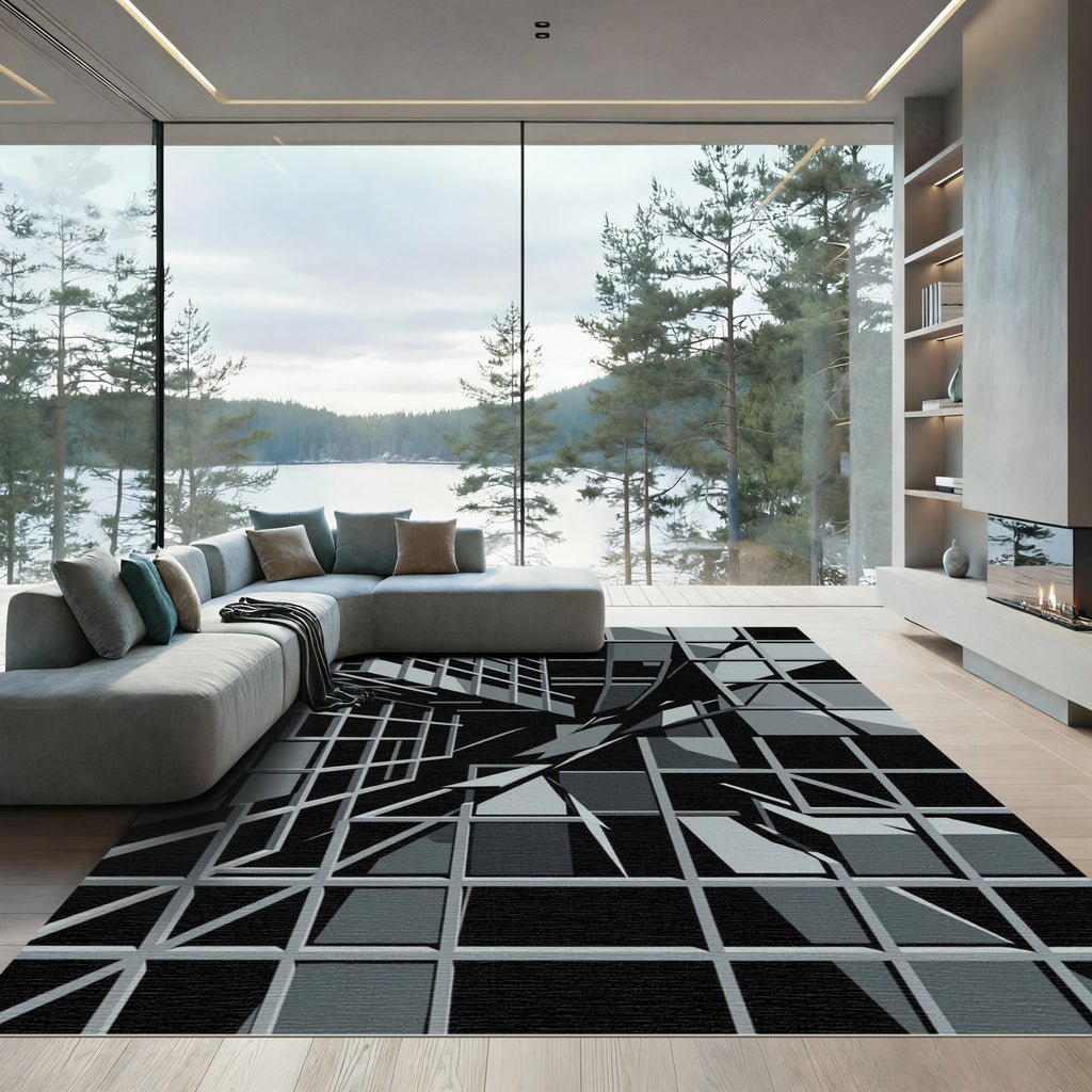 Monochromatic Geometric Architectural Grid Rug