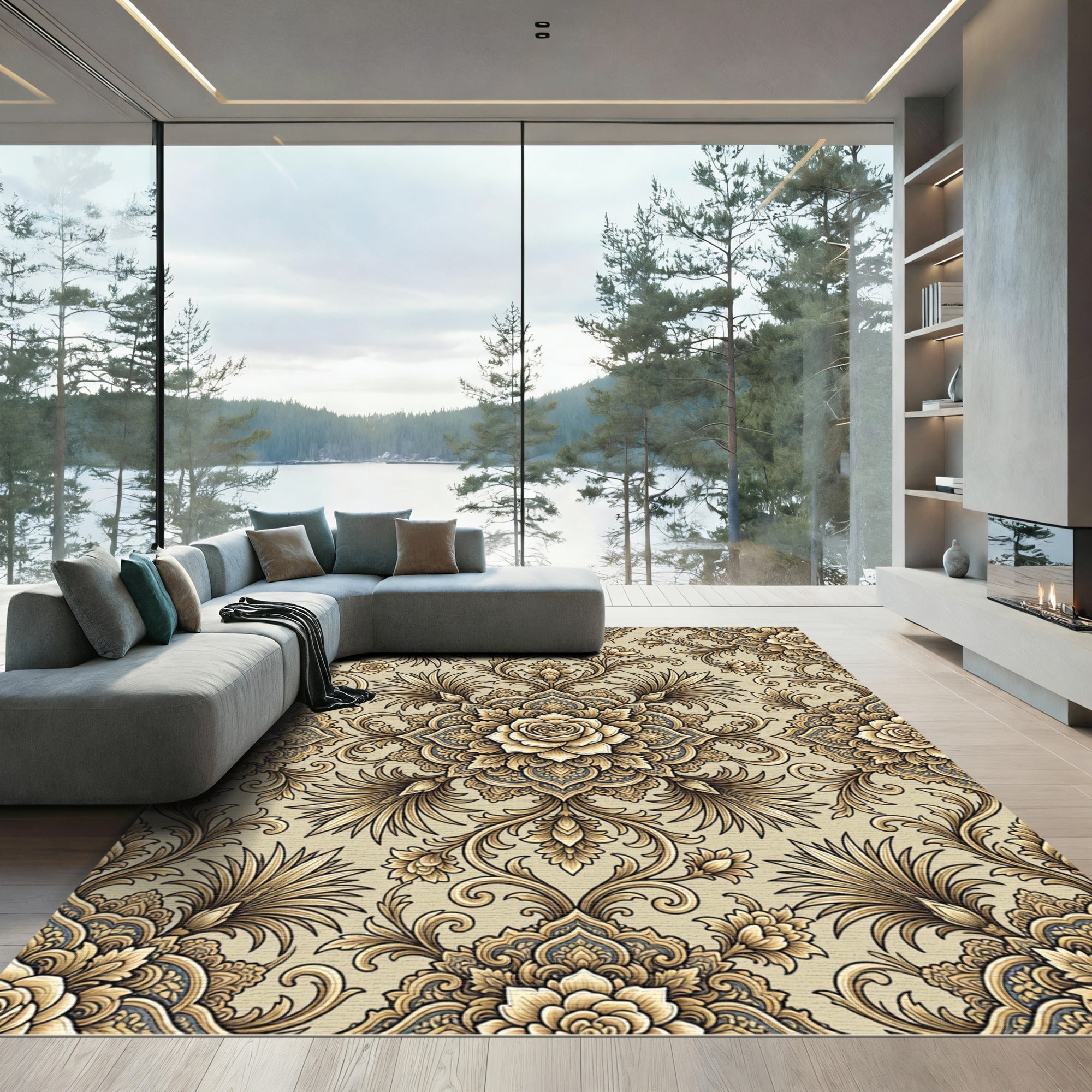 Sepia Golden Floral Damask Rug