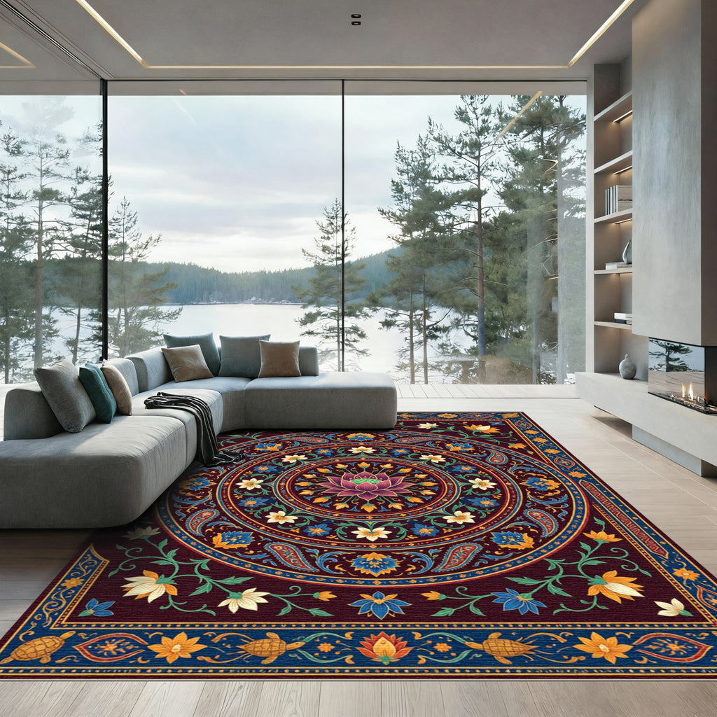 Crimson Lotus Paisley Garden Mandala Rug