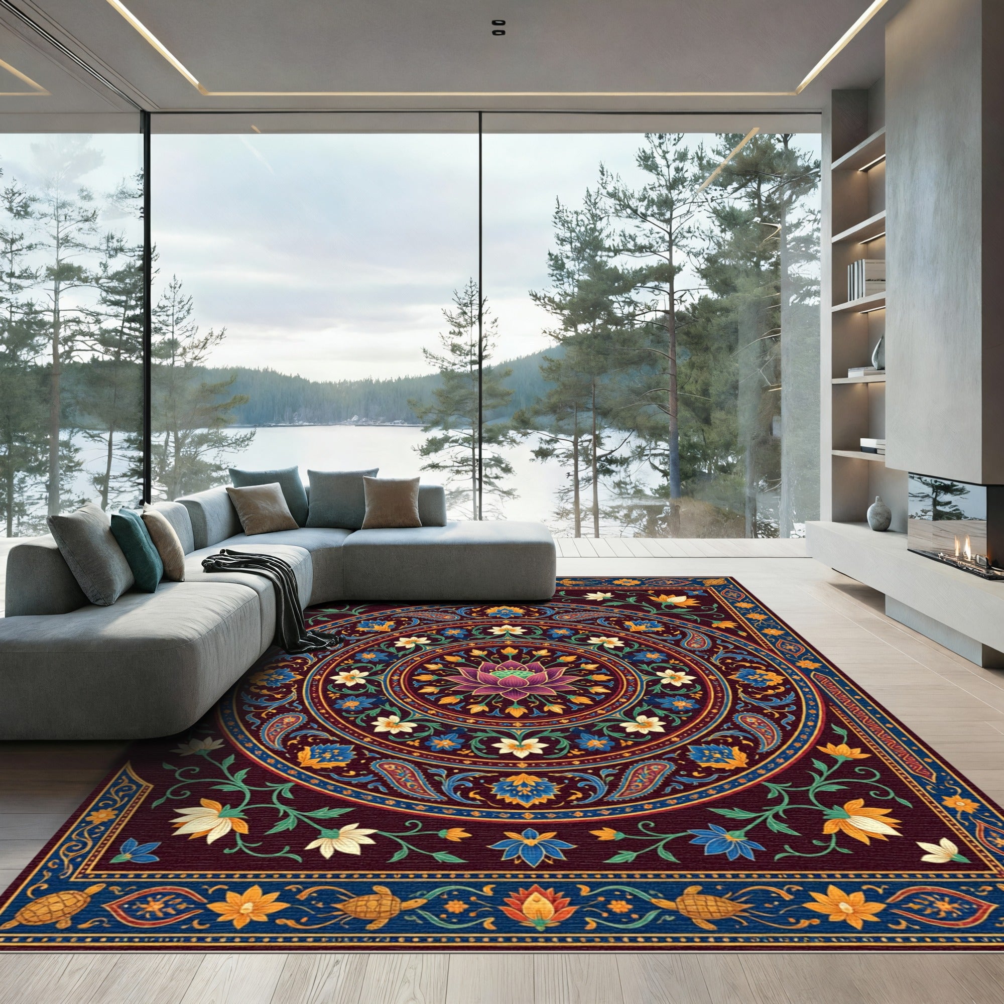 Crimson Lotus Paisley Garden Mandala Rug