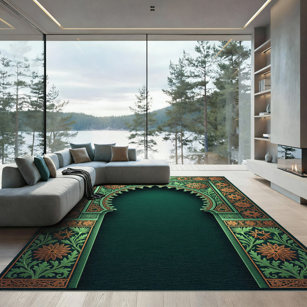Ornate Emerald Gold Celestial Arch Rug
