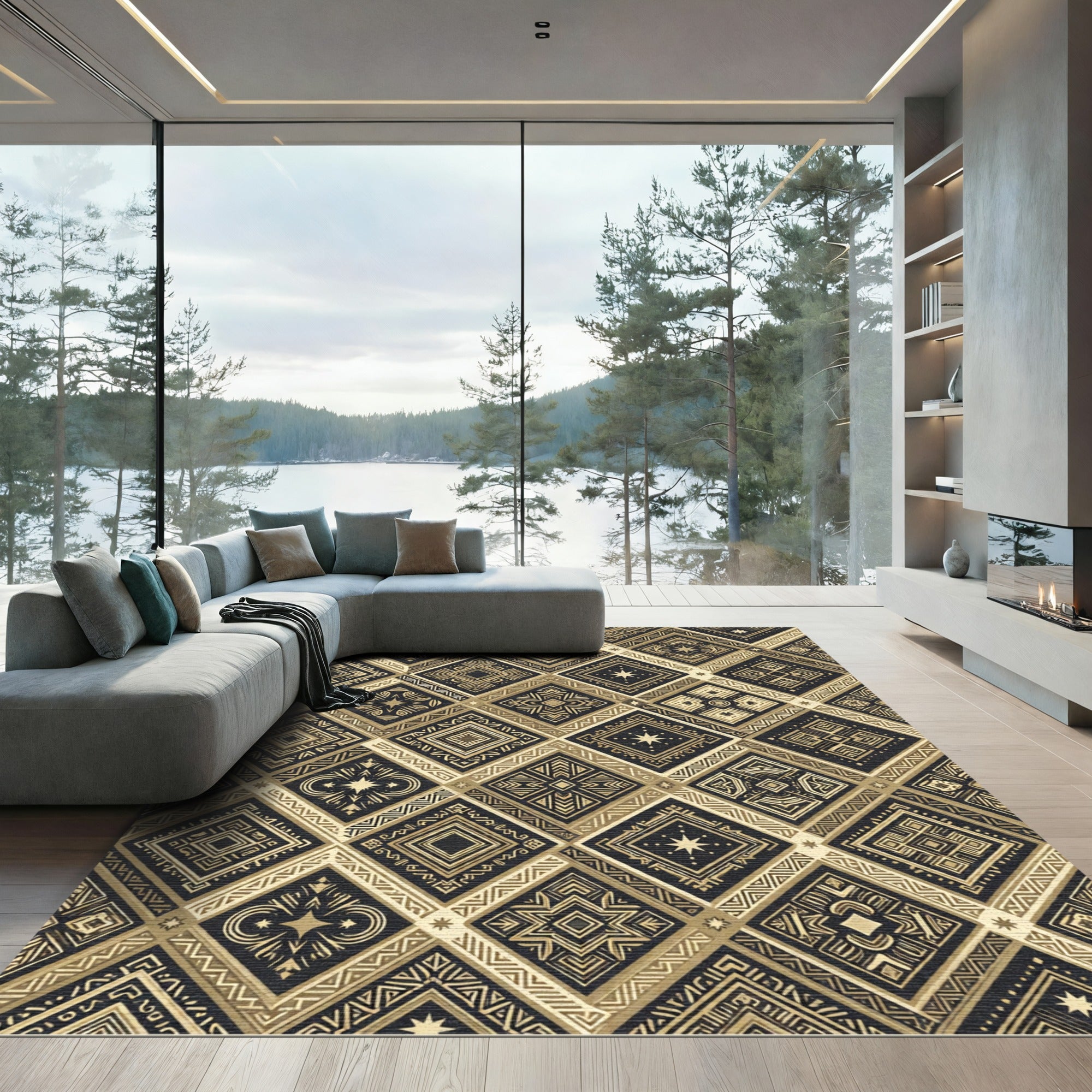 Gold Geometric Diamond Monochrome Folk Art Rug