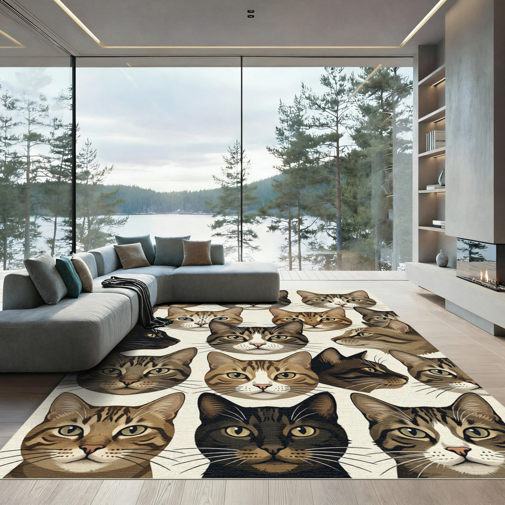 Whimsical Multicolored Feline Portrait Grid Rug
