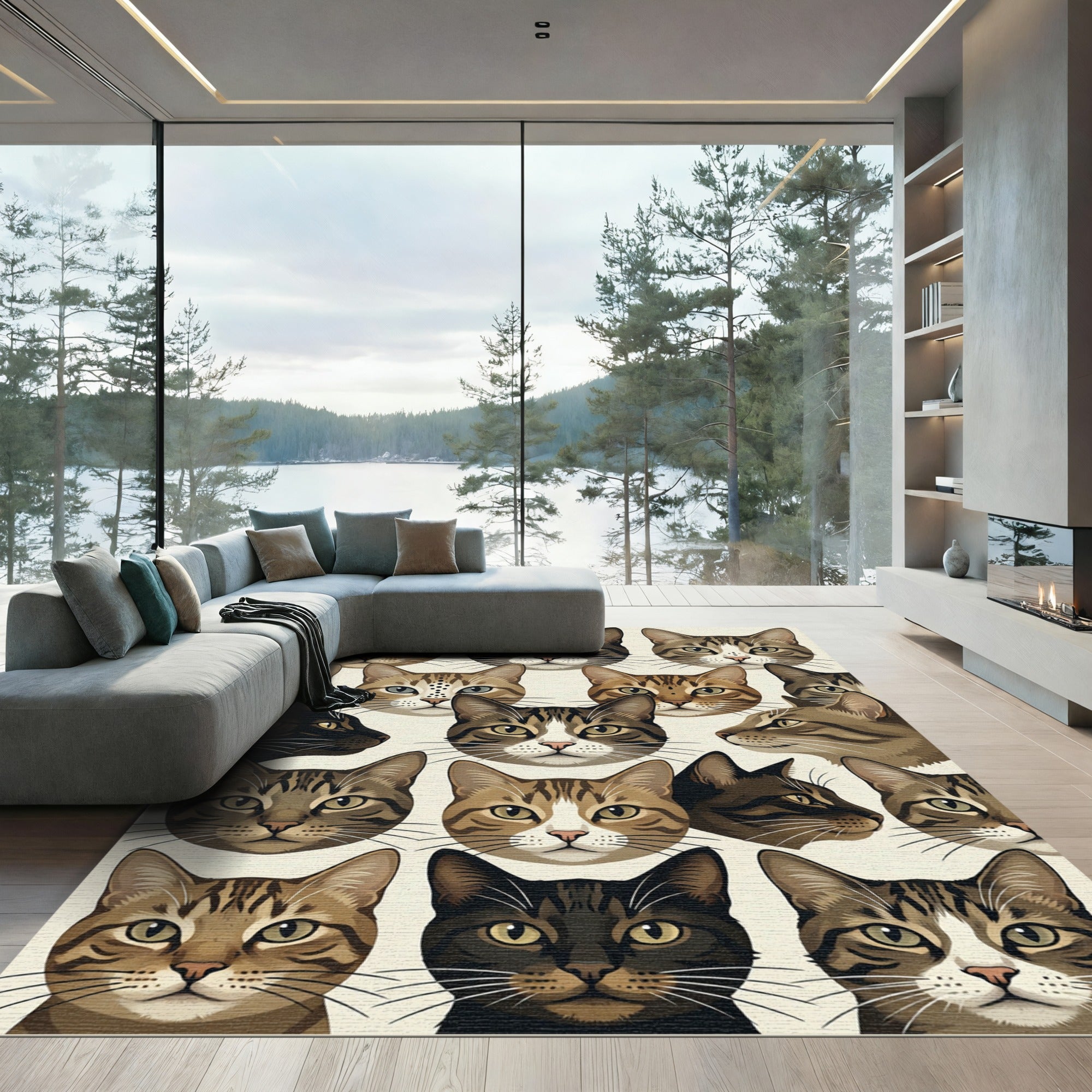Whimsical Multicolored Feline Portrait Grid Rug