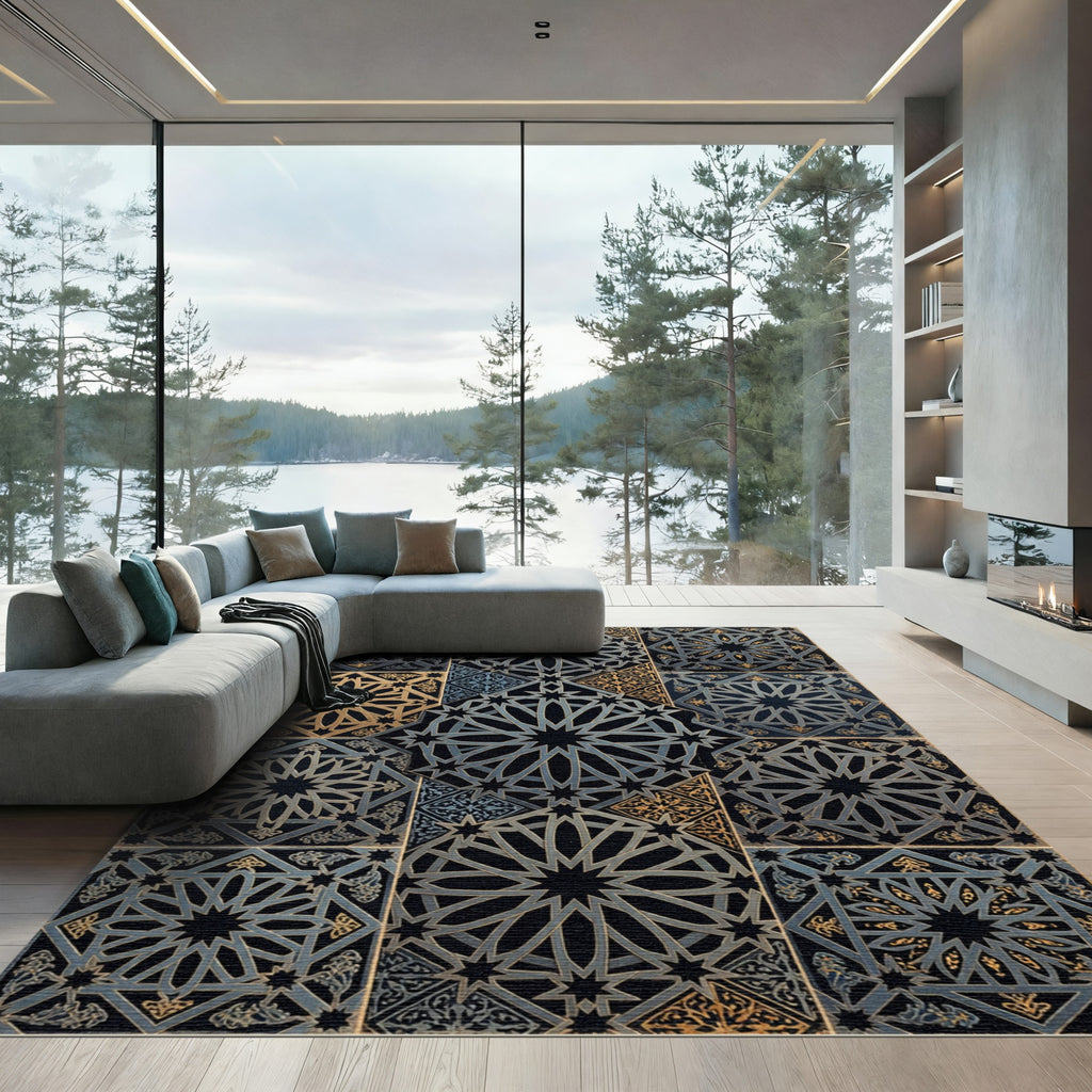 Intricate Starburst Geometric Mosaic Tiles Rug