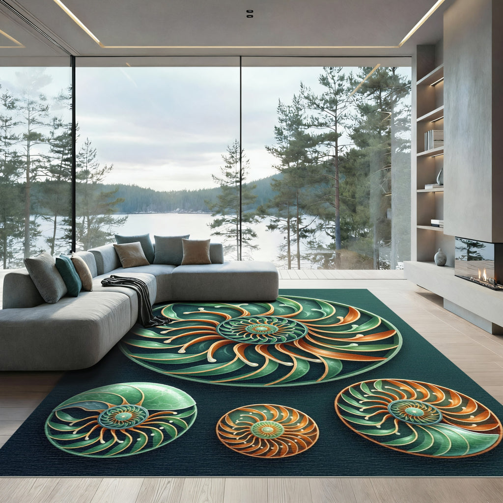 Emerald Teal and Bronze Nautilus Swirl Rug