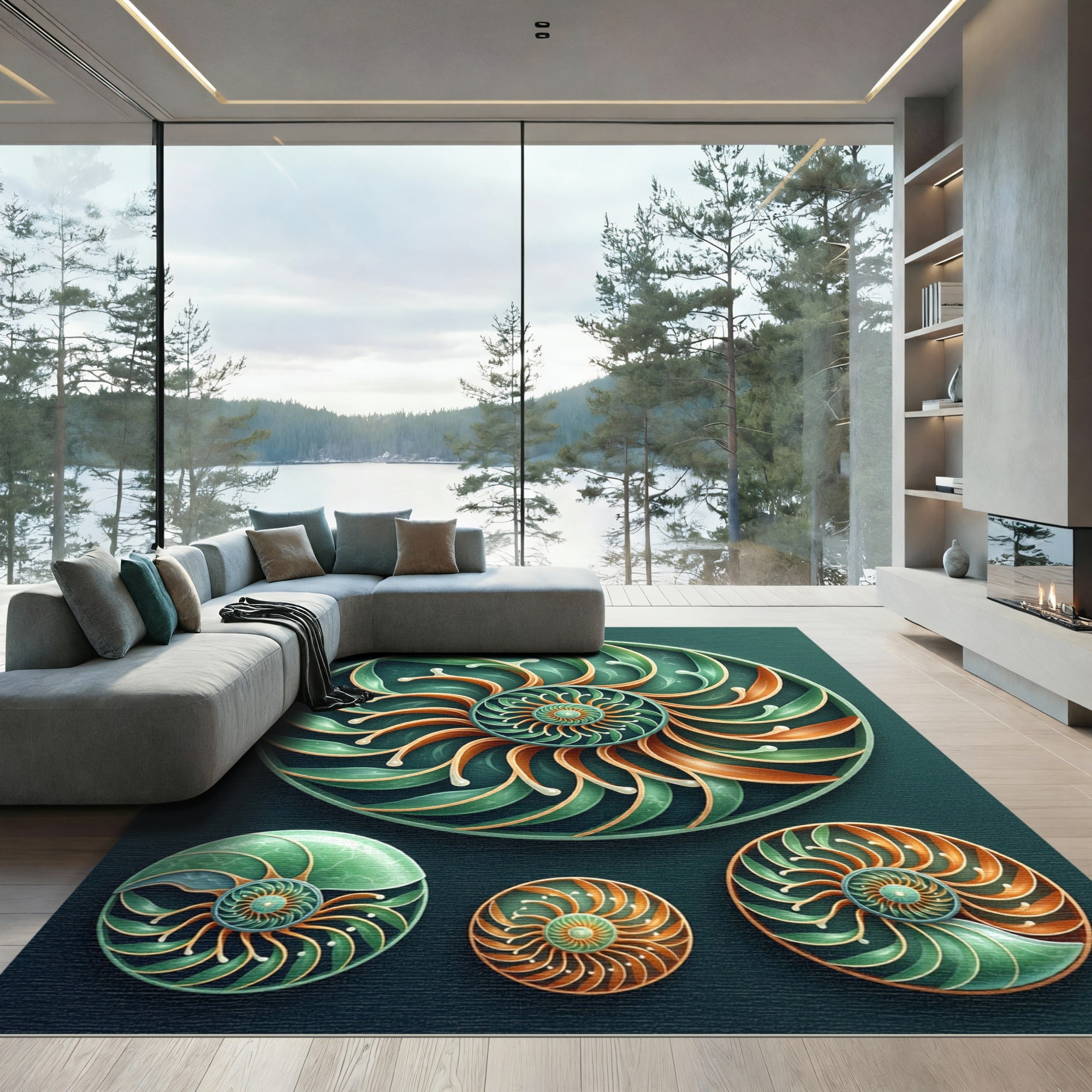 Emerald Teal and Bronze Nautilus Swirl Rug