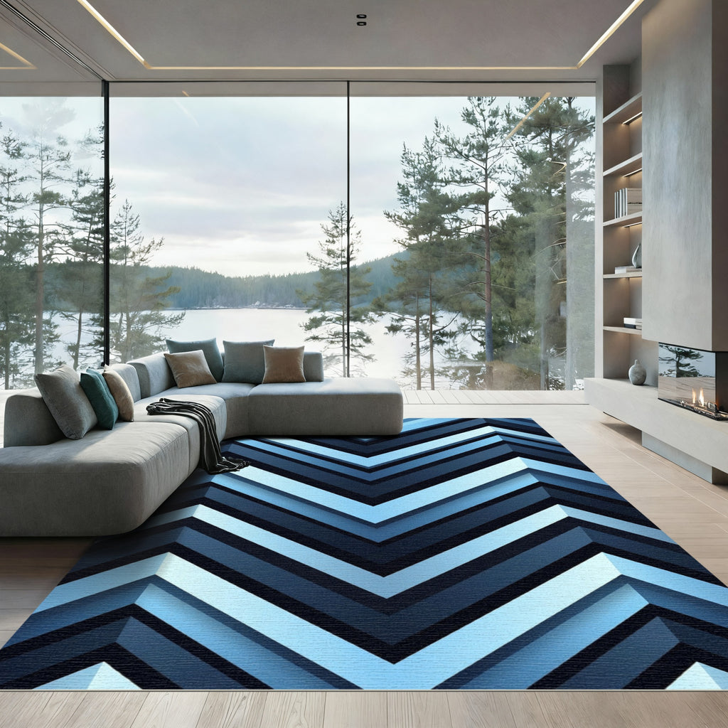 Deep Blue Angled Chevron Abstract Rug