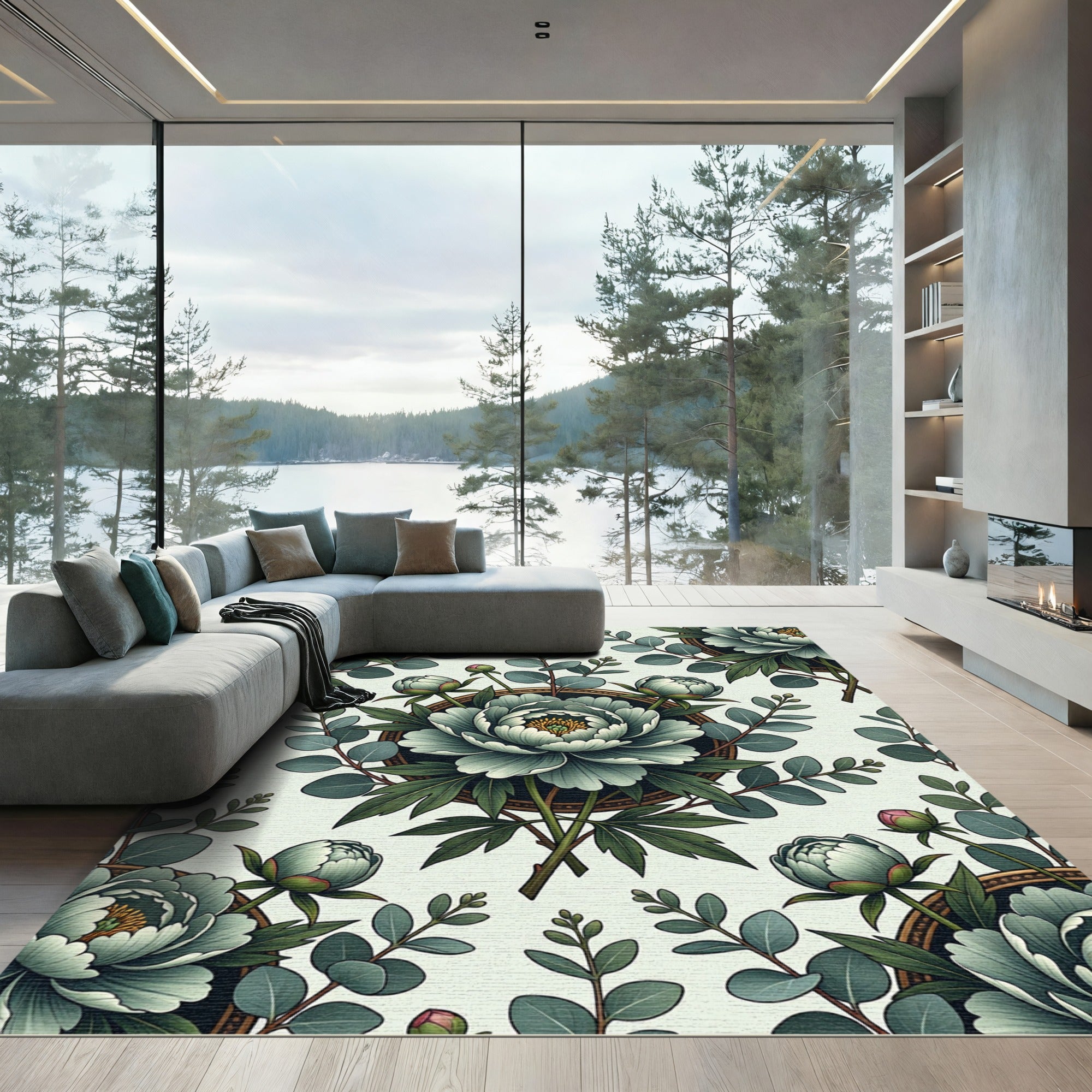 Pale Green Floral Botanical Roundel Rug
