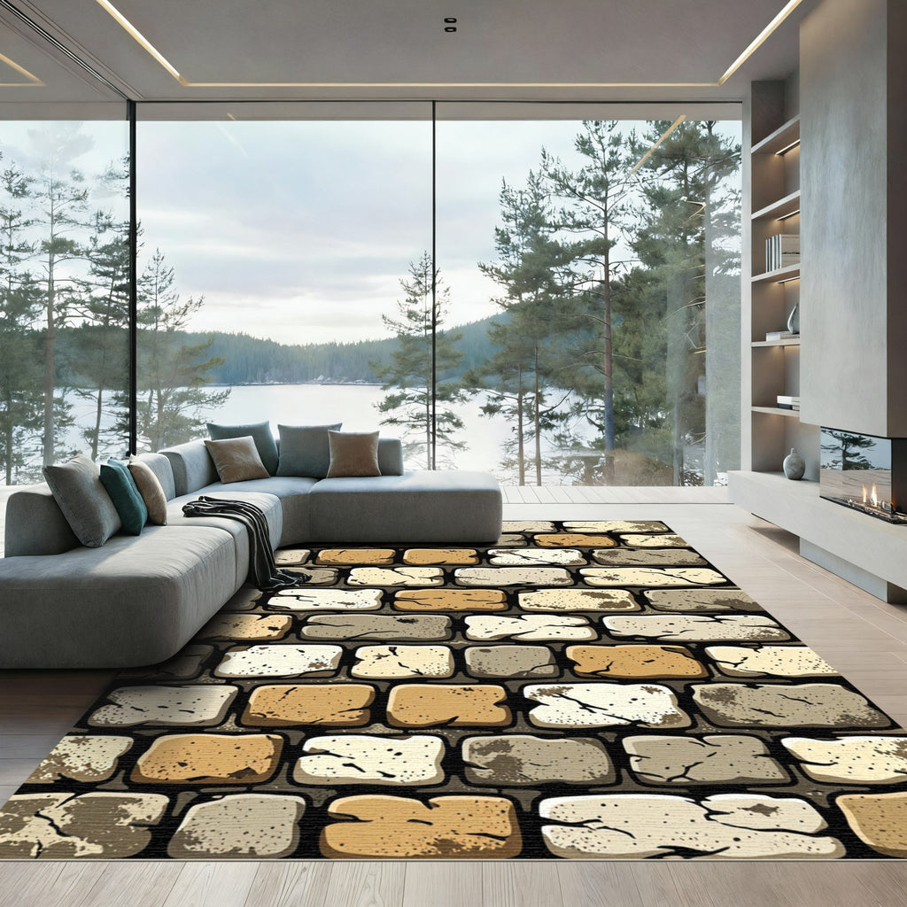 Rustic Earthy Tone Weathered Brick Slab Rug