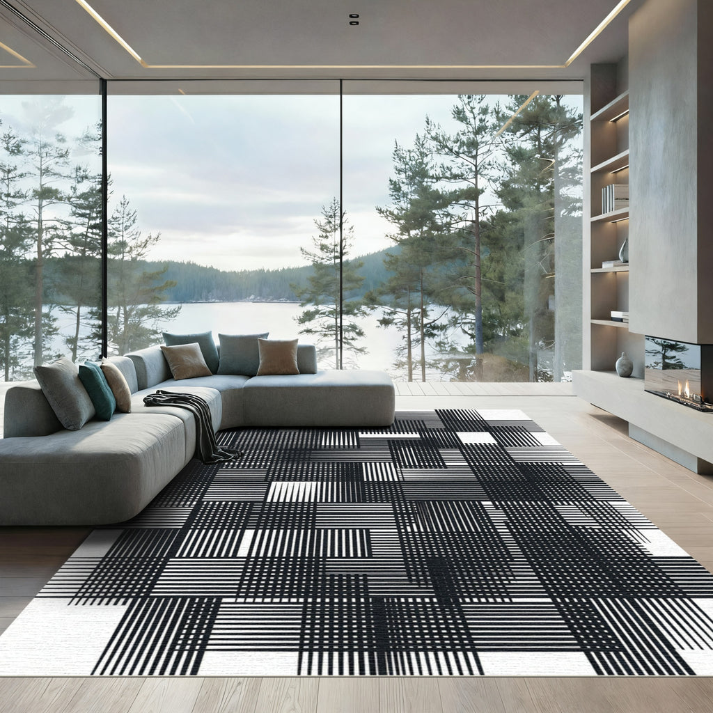 Monochromatic Abstract Geometric Grid Line Art Rug