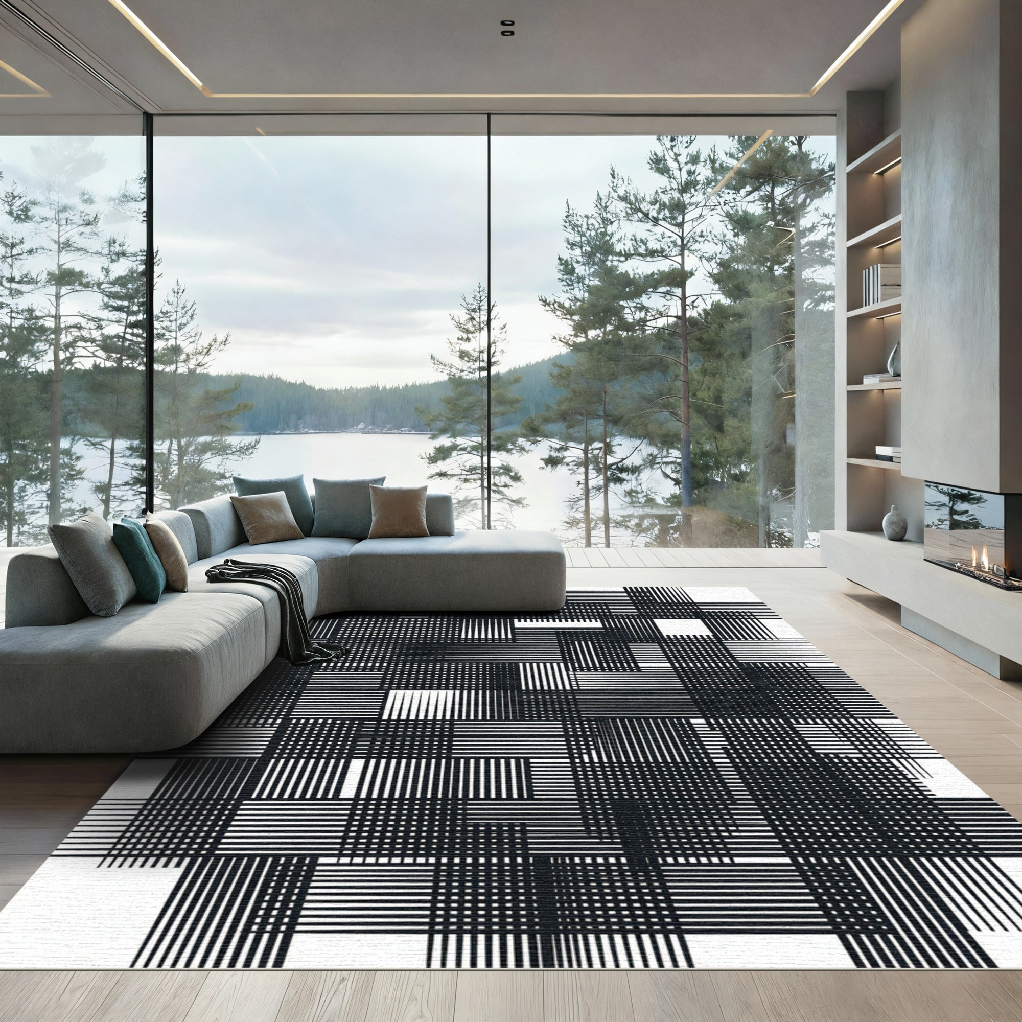 Monochromatic Abstract Geometric Grid Line Art Rug