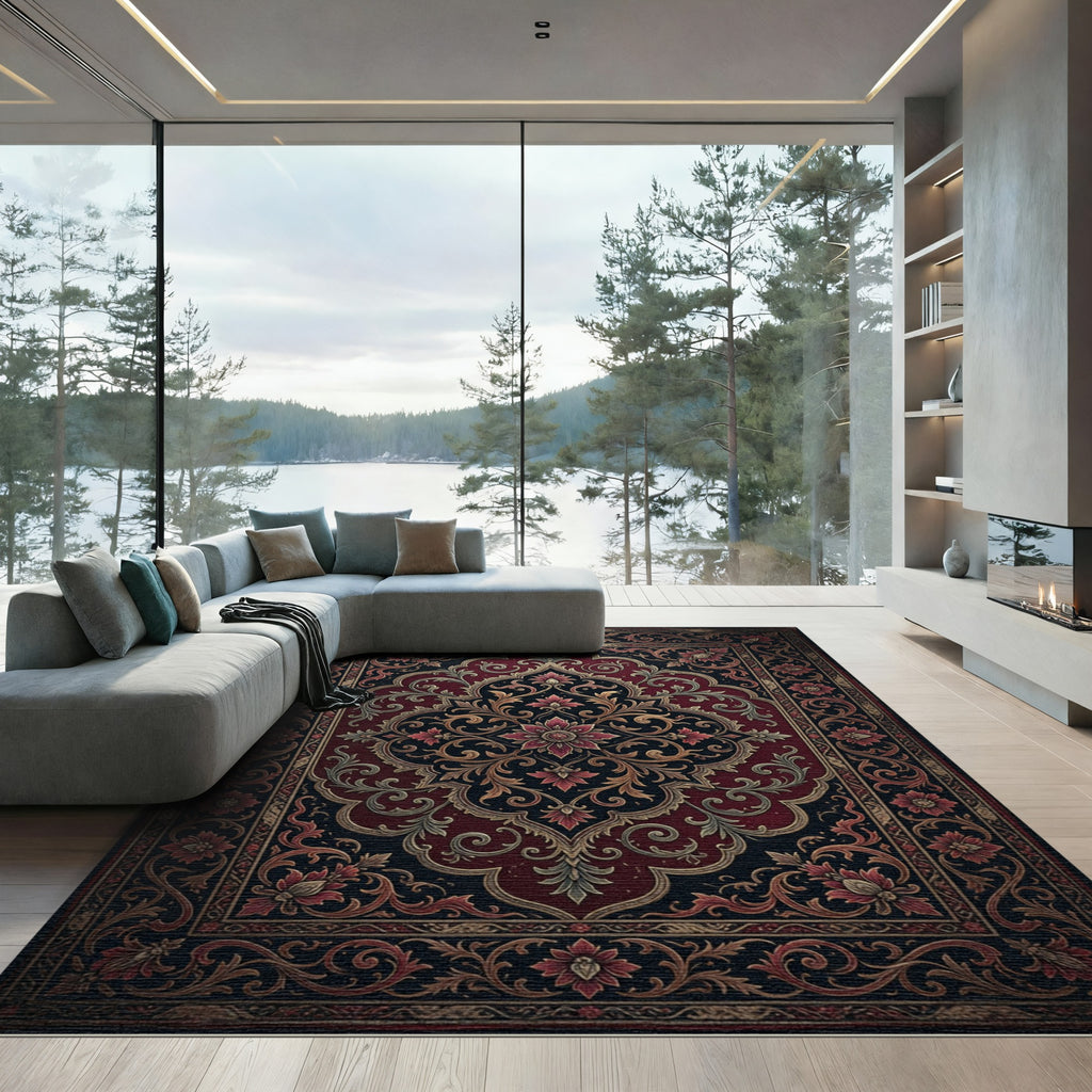 Ornate Crimson Black Floral Medallion Rug