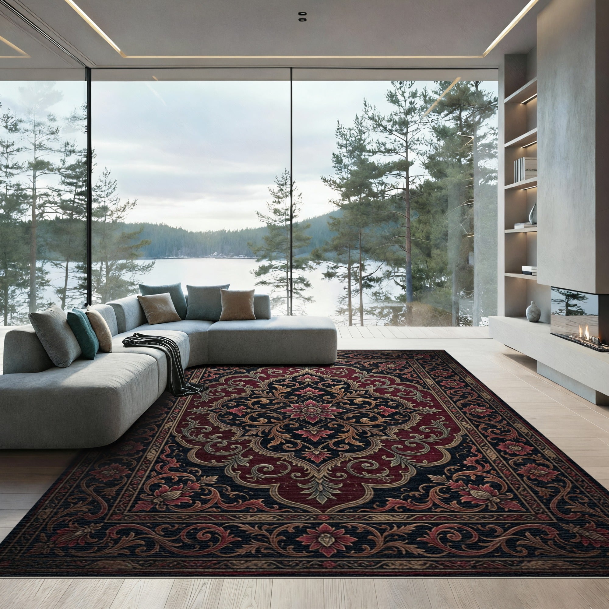 Ornate Crimson Black Floral Medallion Rug