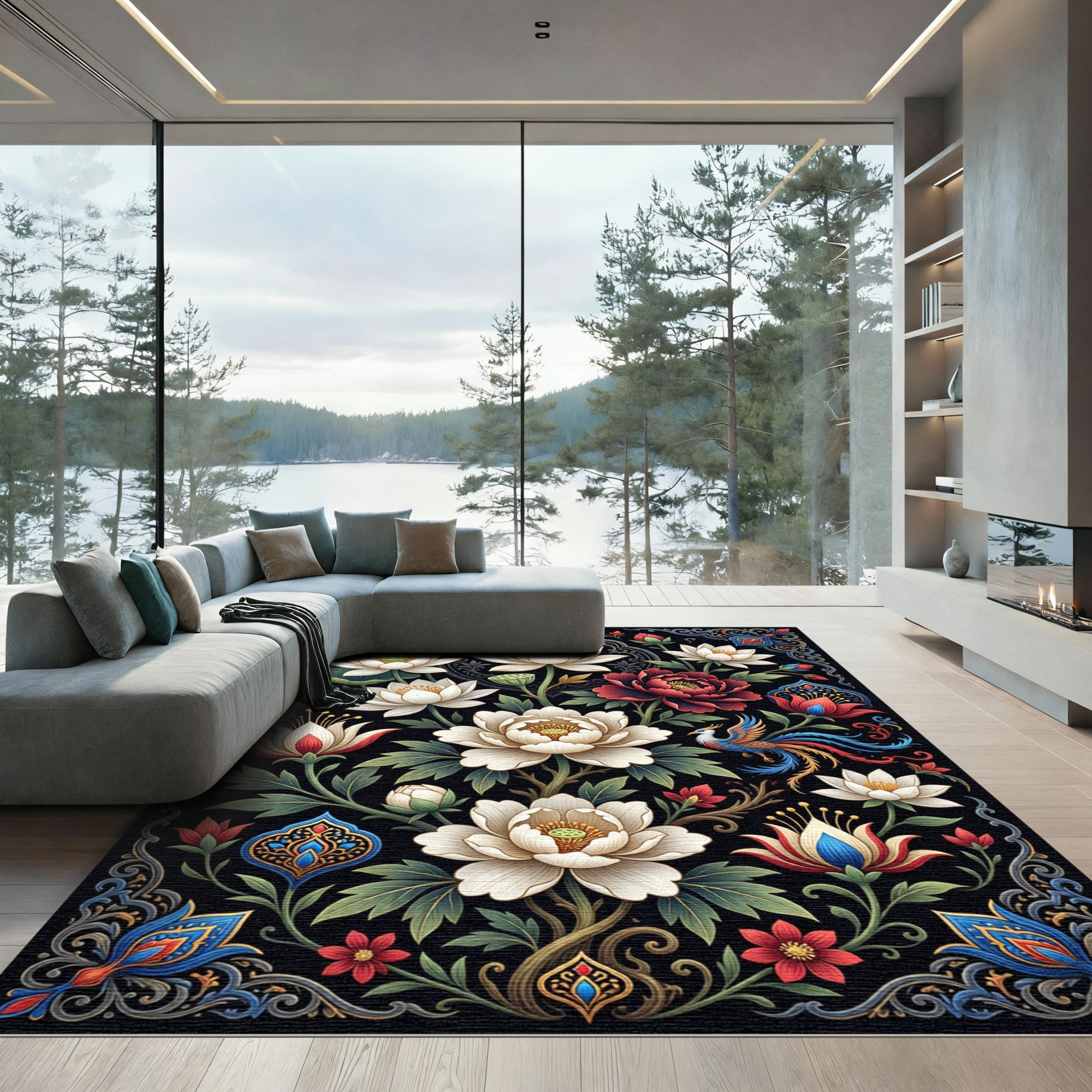 Ethereal Lotus Floral Phoenix Art Rug