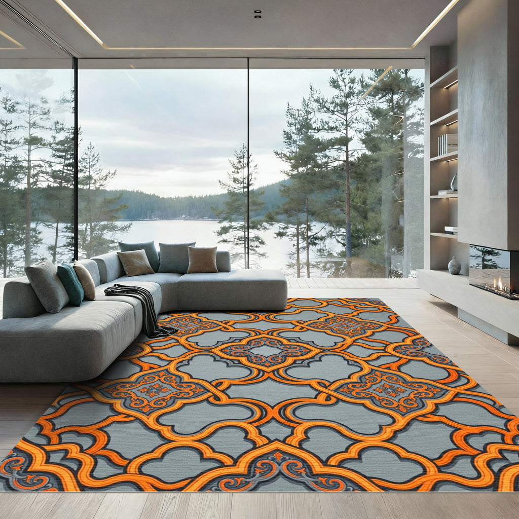 Orange Quatrefoil Filigree Geometric Slate Rug