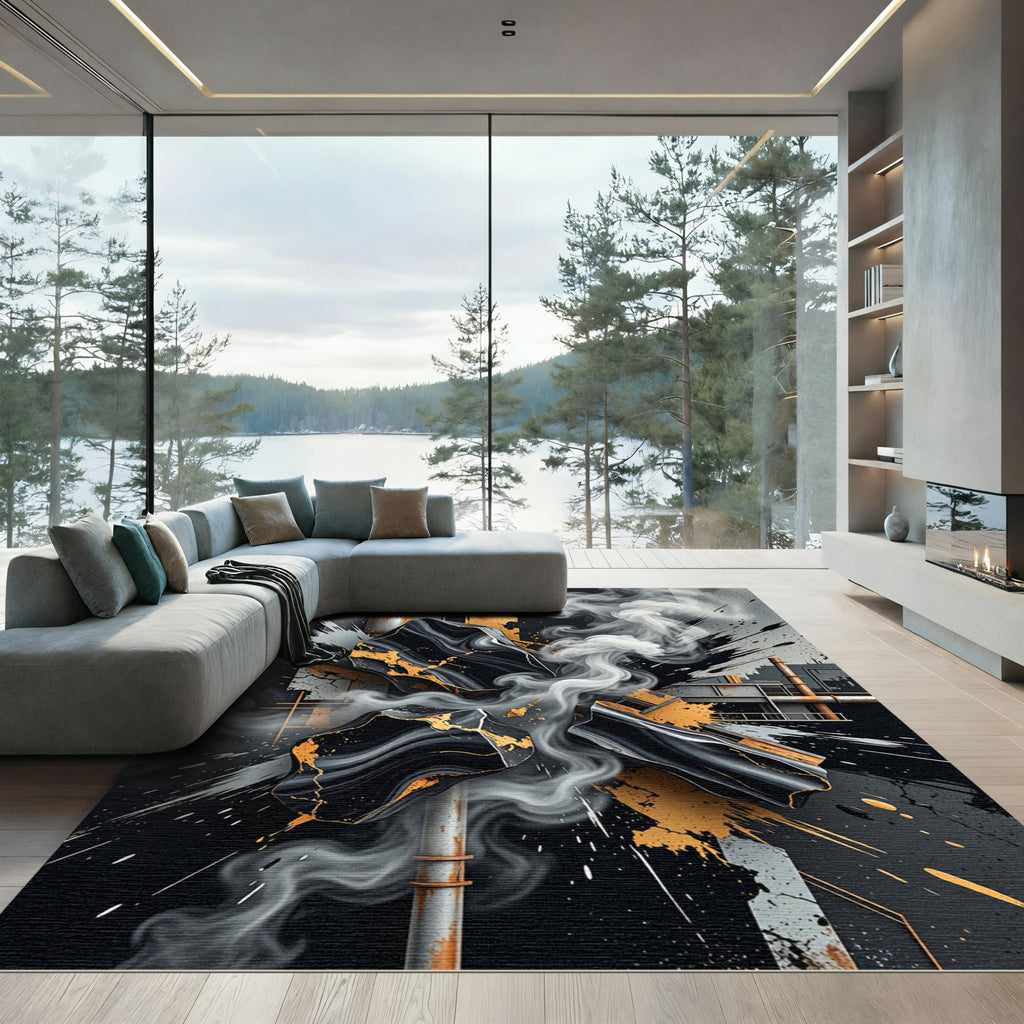 Industrial Black Gold Abstract Smoke Art Rug