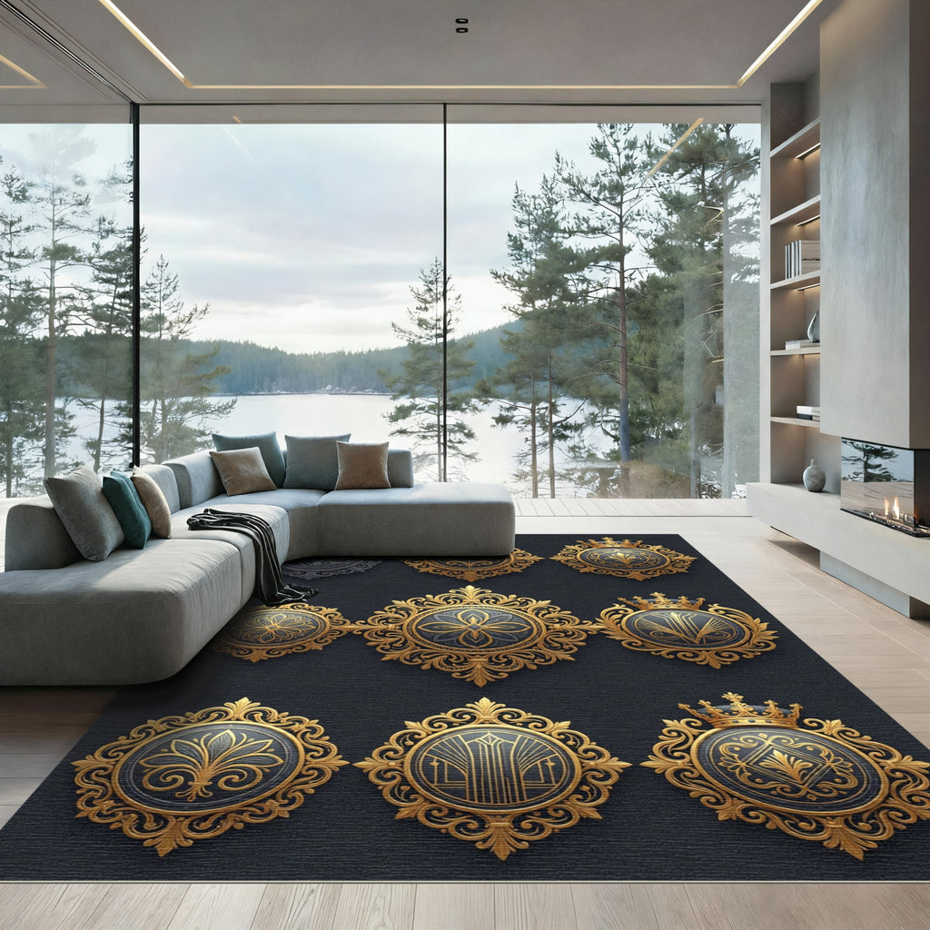 Ornate Golden Royal Crest Medallion Rug