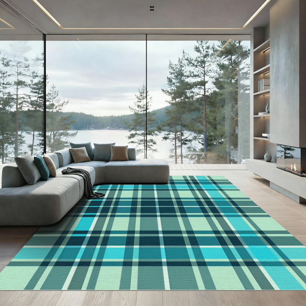 Modern Teal Aqua Plaid Check Rug