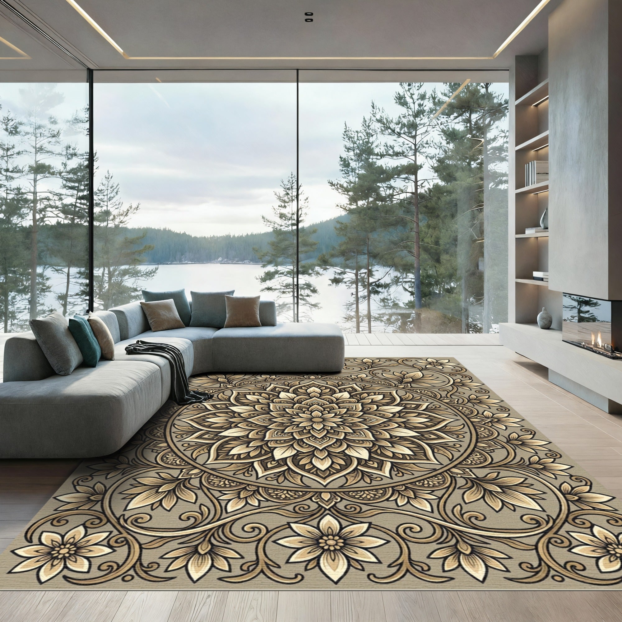Golden Floral Mandala Serenity Rug