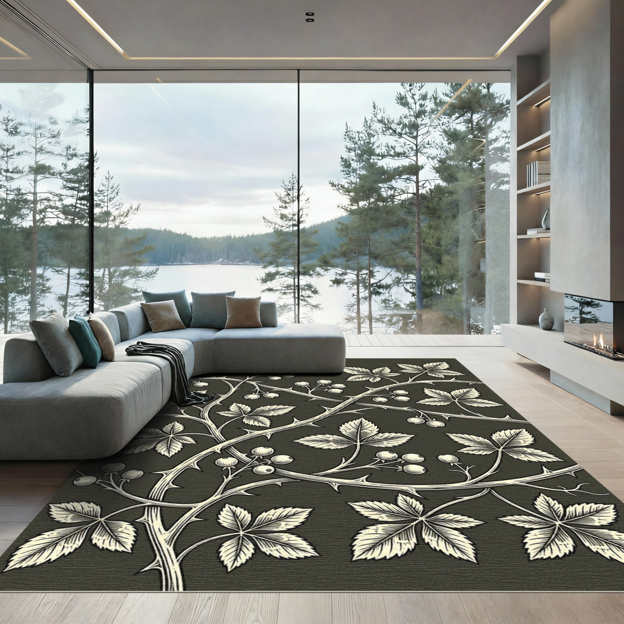 Black and Cream Bramble Botanical Rug