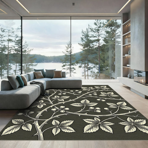 Black and Cream Bramble Botanical Rug