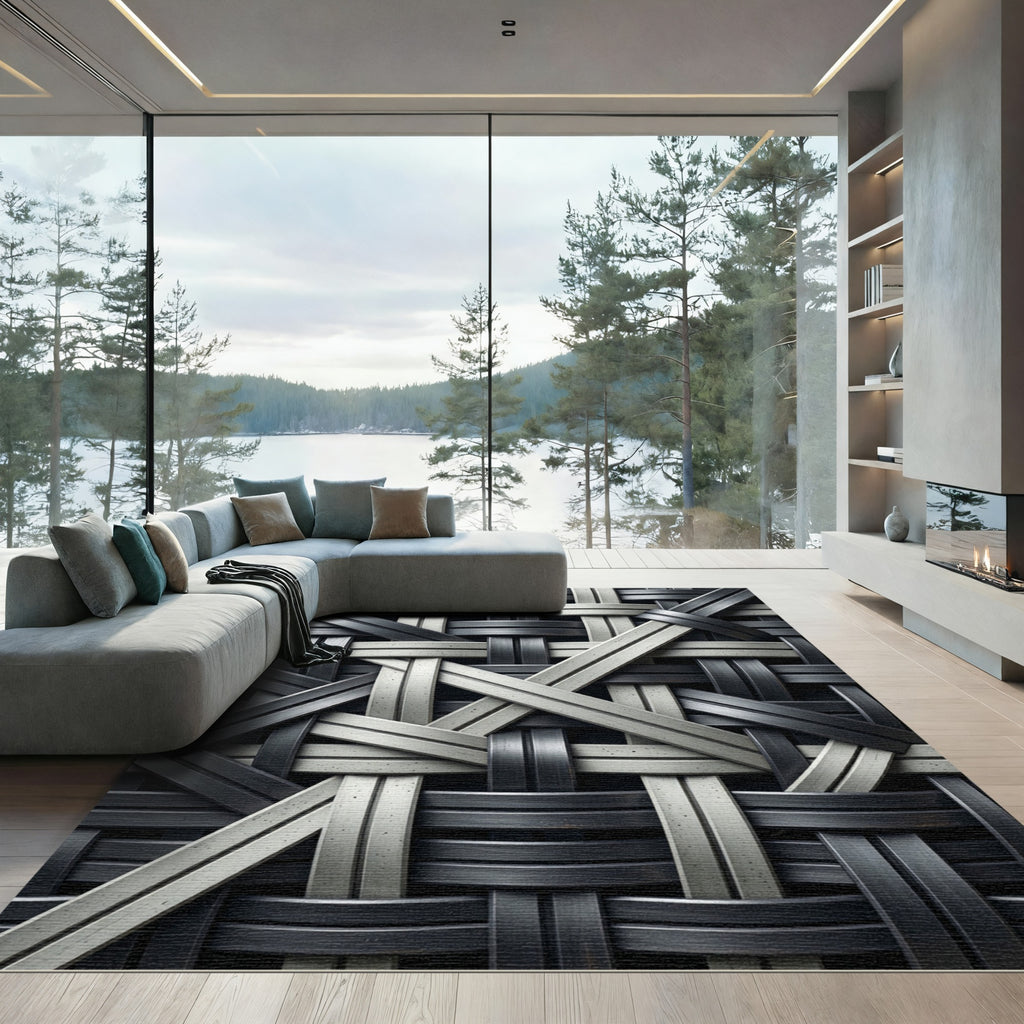 Monochromatic Woven Metallic Intersecting Grid Rug