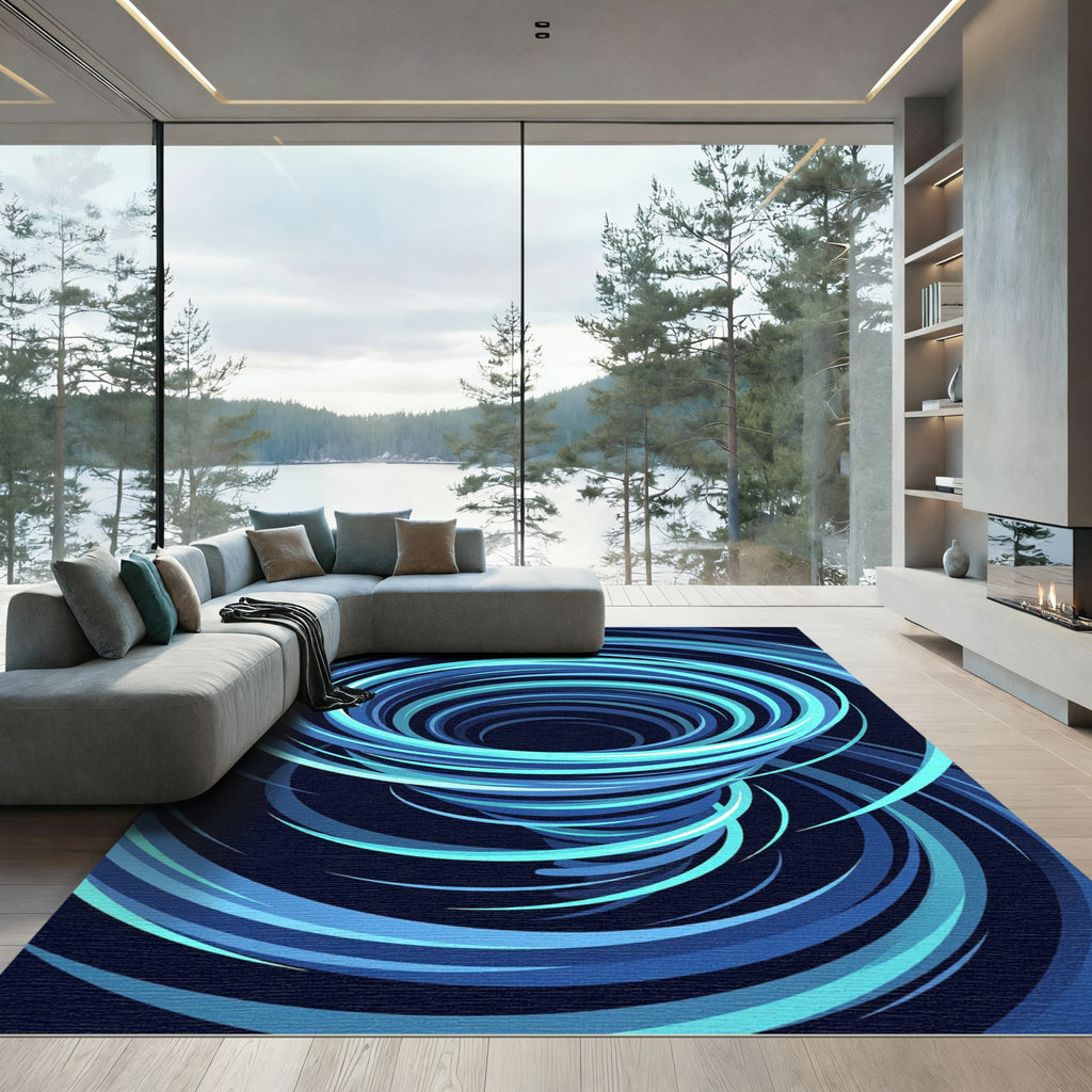 Vibrant Blue Abstract Swirling Vortex Rug