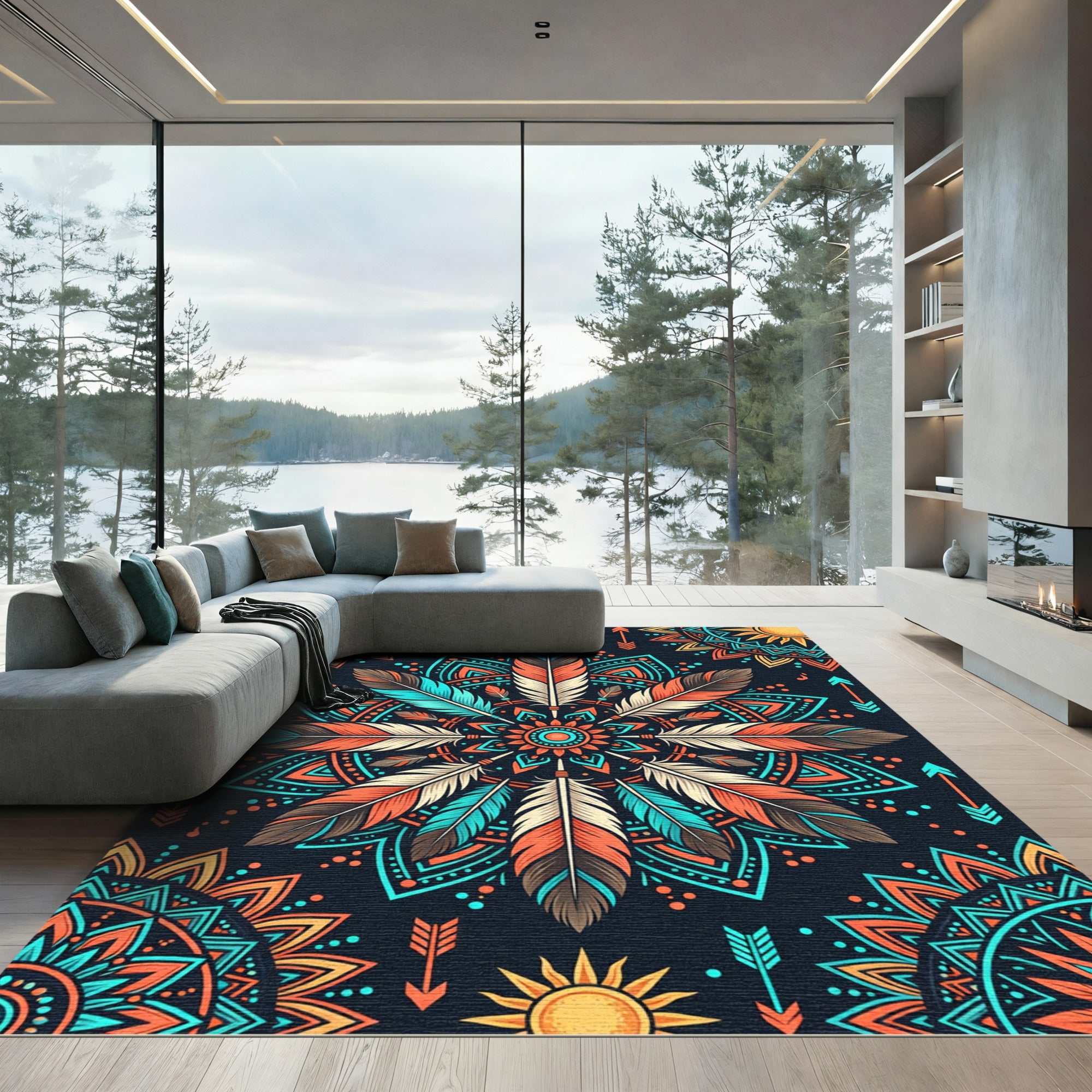 Bright Feathered Sun Mandala Rug