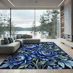 Elegant Blue Floral Peony Bouquet Rug