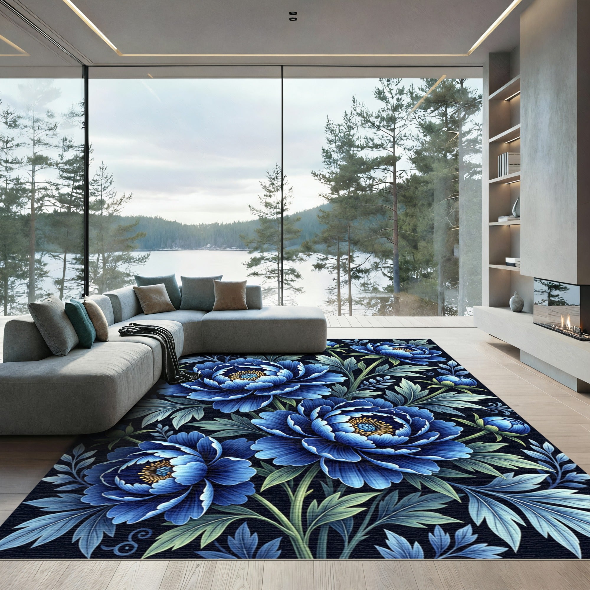 Elegant Blue Floral Peony Bouquet Rug