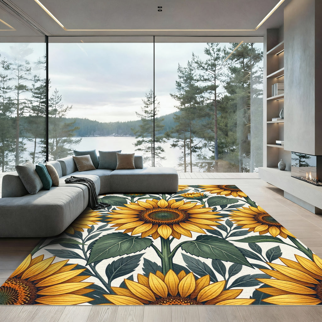 Vibrant Golden Sunflower Meadow Floral Rug