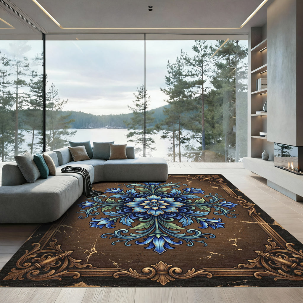 Ornate Blue Floral Damask Medallion Rug