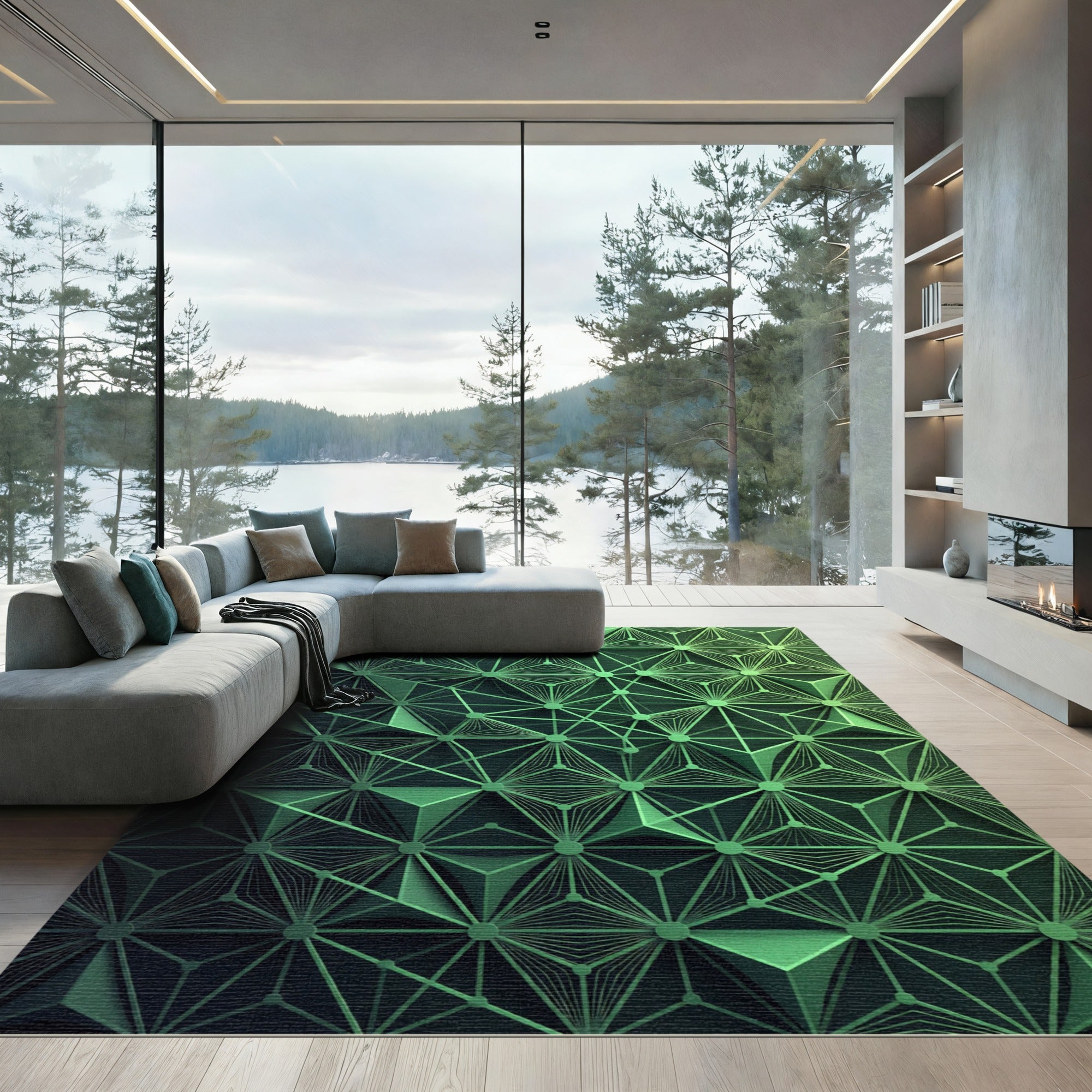 Emerald Geometric Neural Network Rug