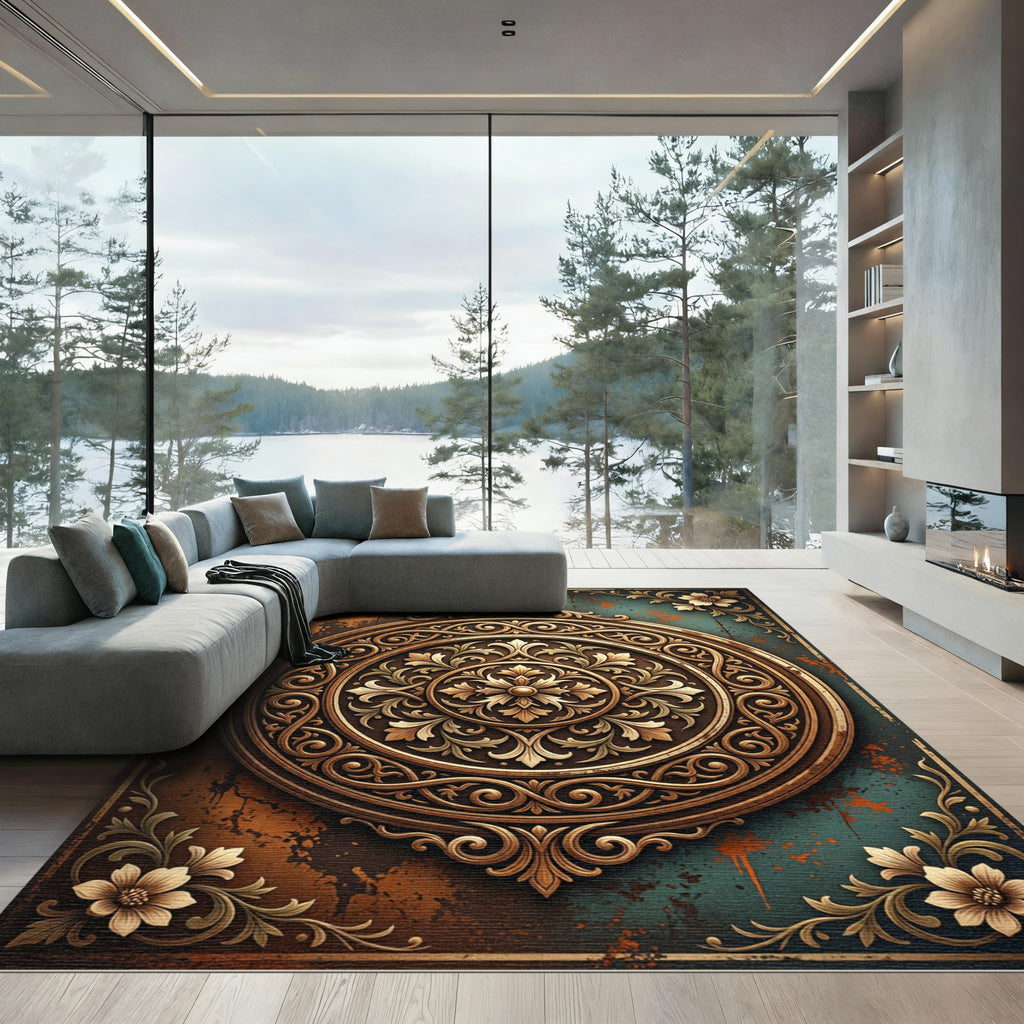 Golden Ornate Filigree Circular Medallion Rug
