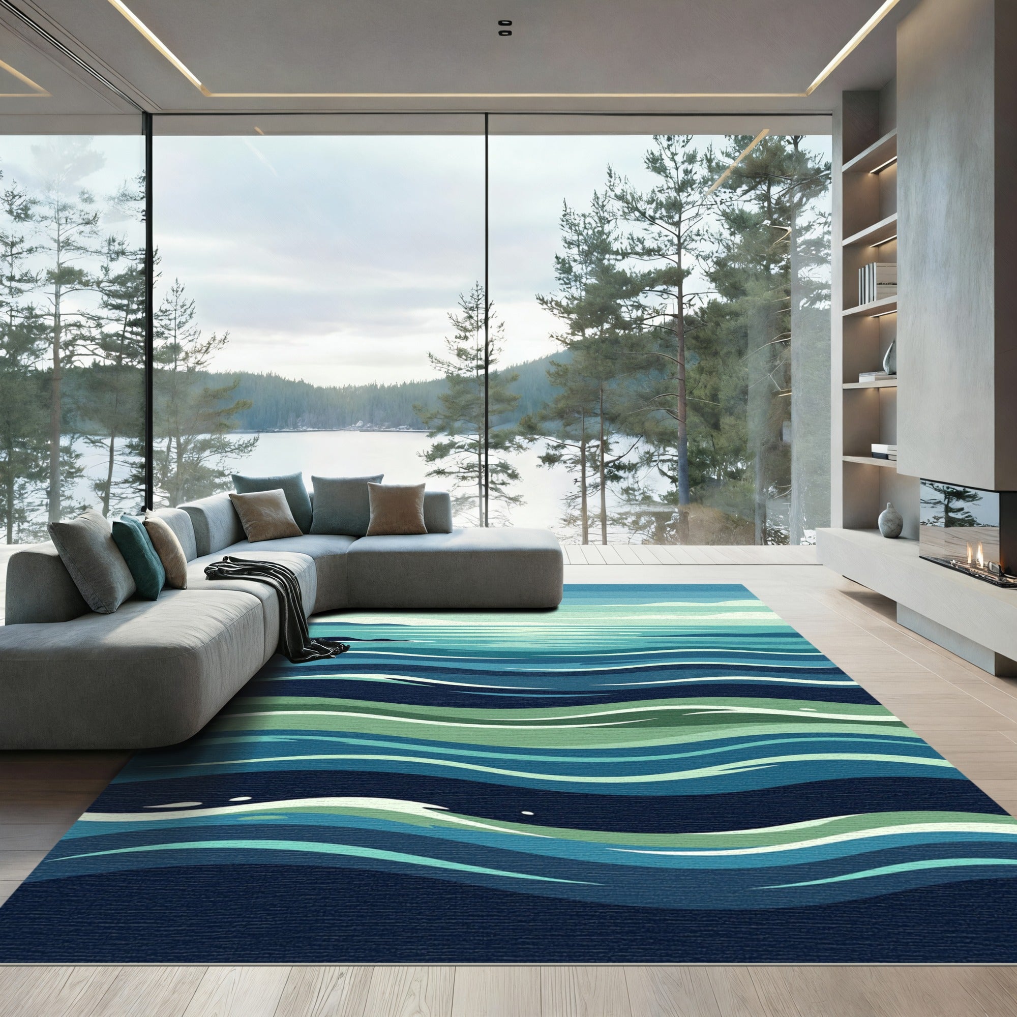 Minimalist Oceanic Wave Gradient Ripples Rug