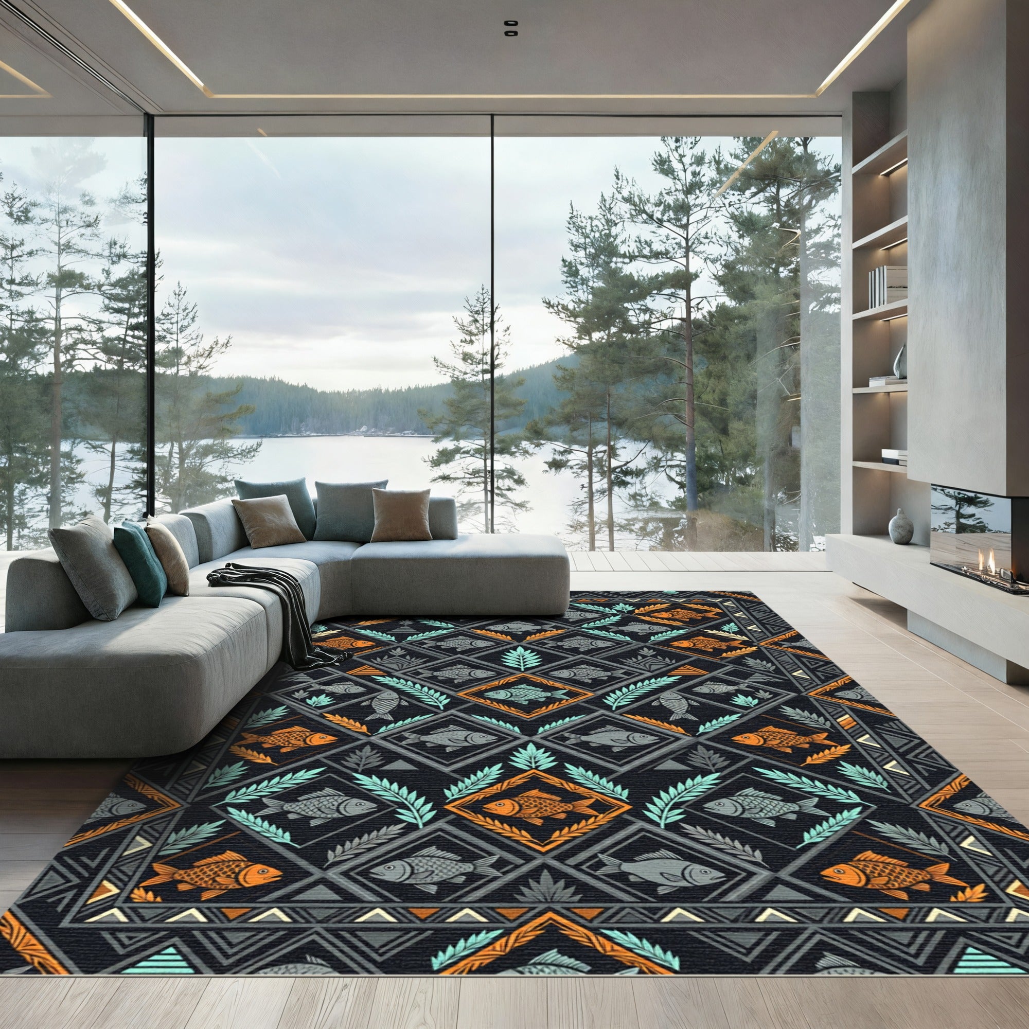 Navajo Inspired Orange Gray Fish Foulard Rug