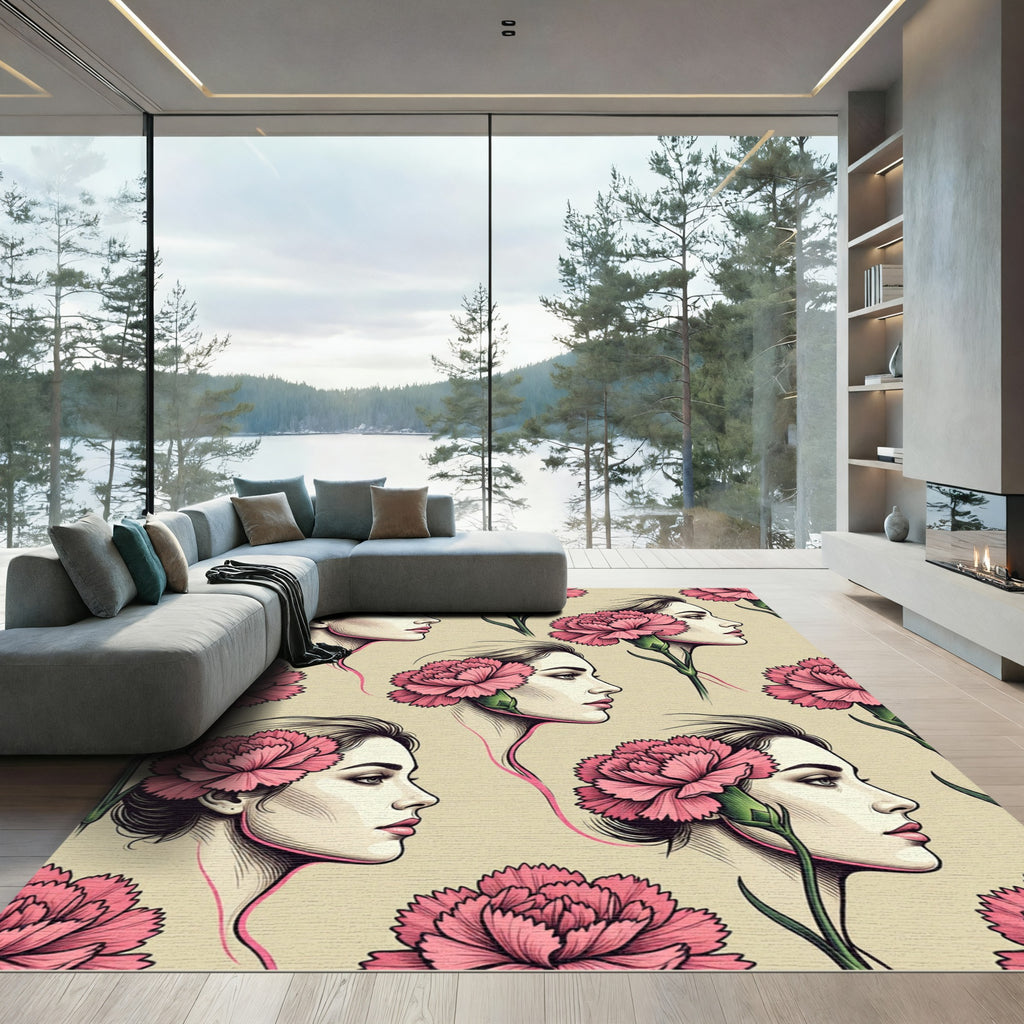 Vintage Pink Carnation Woman Portrait Rug