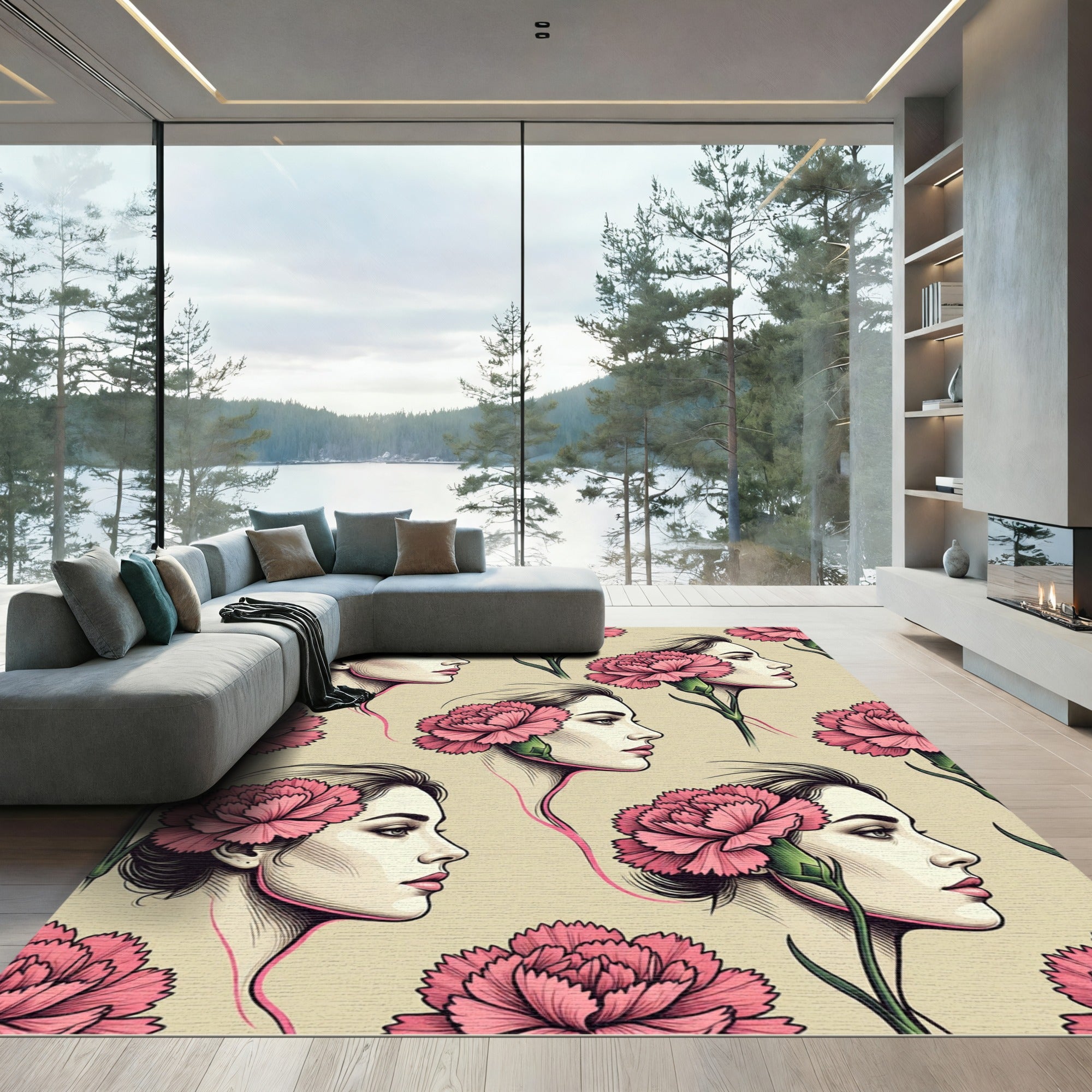 Vintage Pink Carnation Woman Portrait Rug