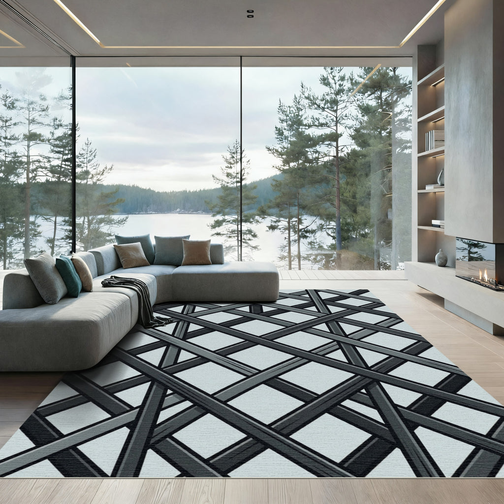 Charcoal Intersecting Slanted Geometric Lines Rug