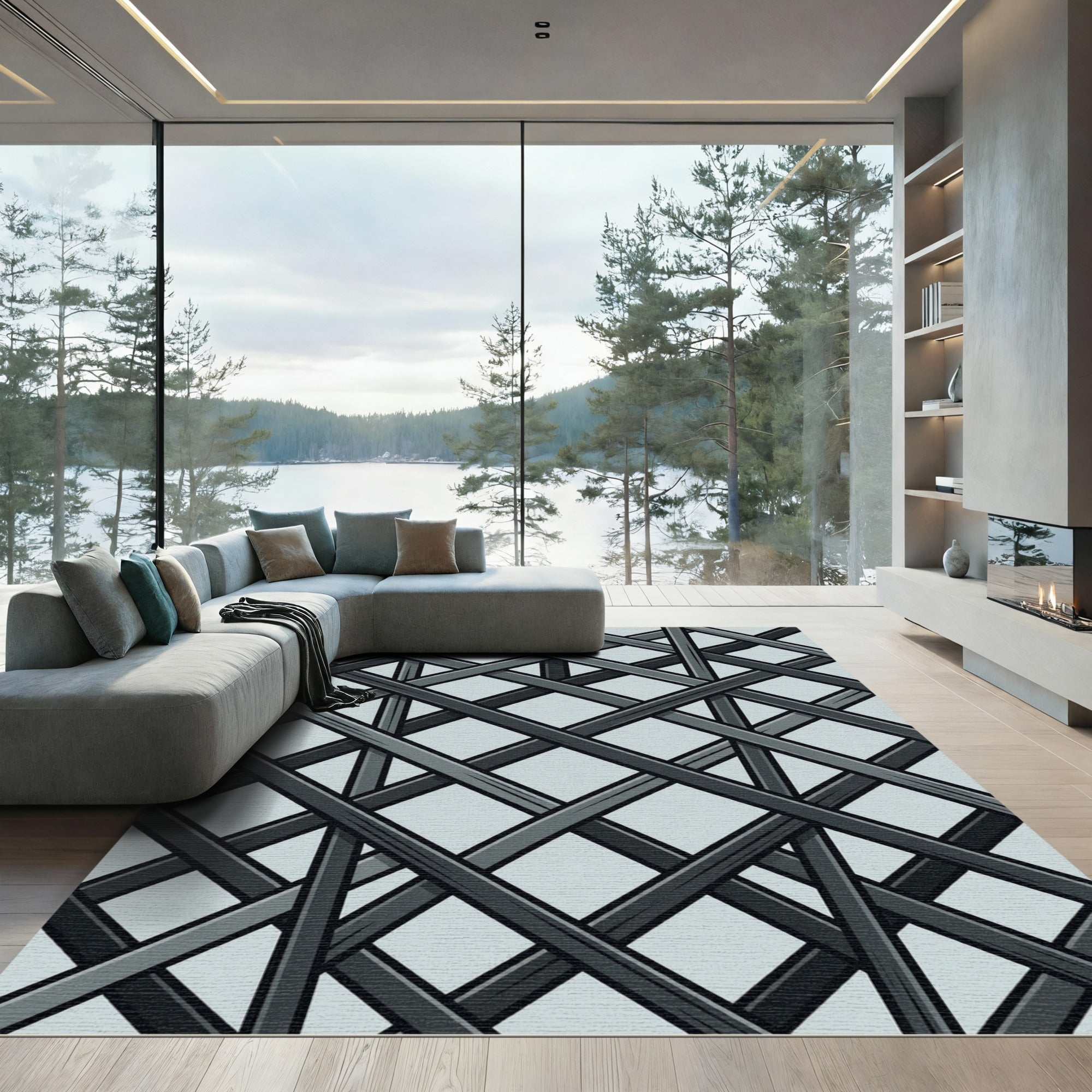 Charcoal Intersecting Slanted Geometric Lines Rug