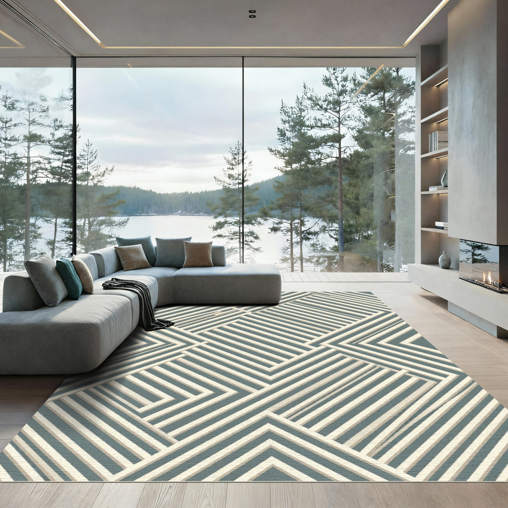 Modern Slate Blue Angular Linear Geometric Rug