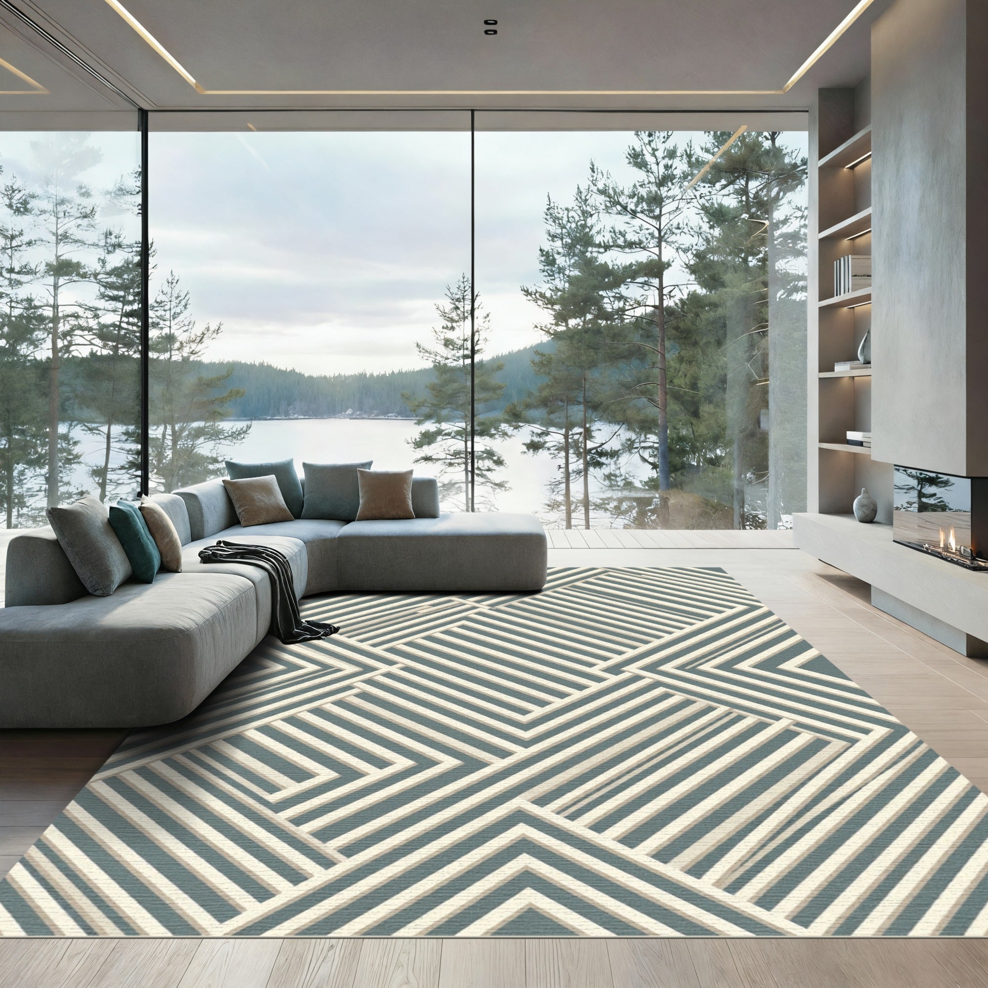 Modern Slate Blue Angular Linear Geometric Rug