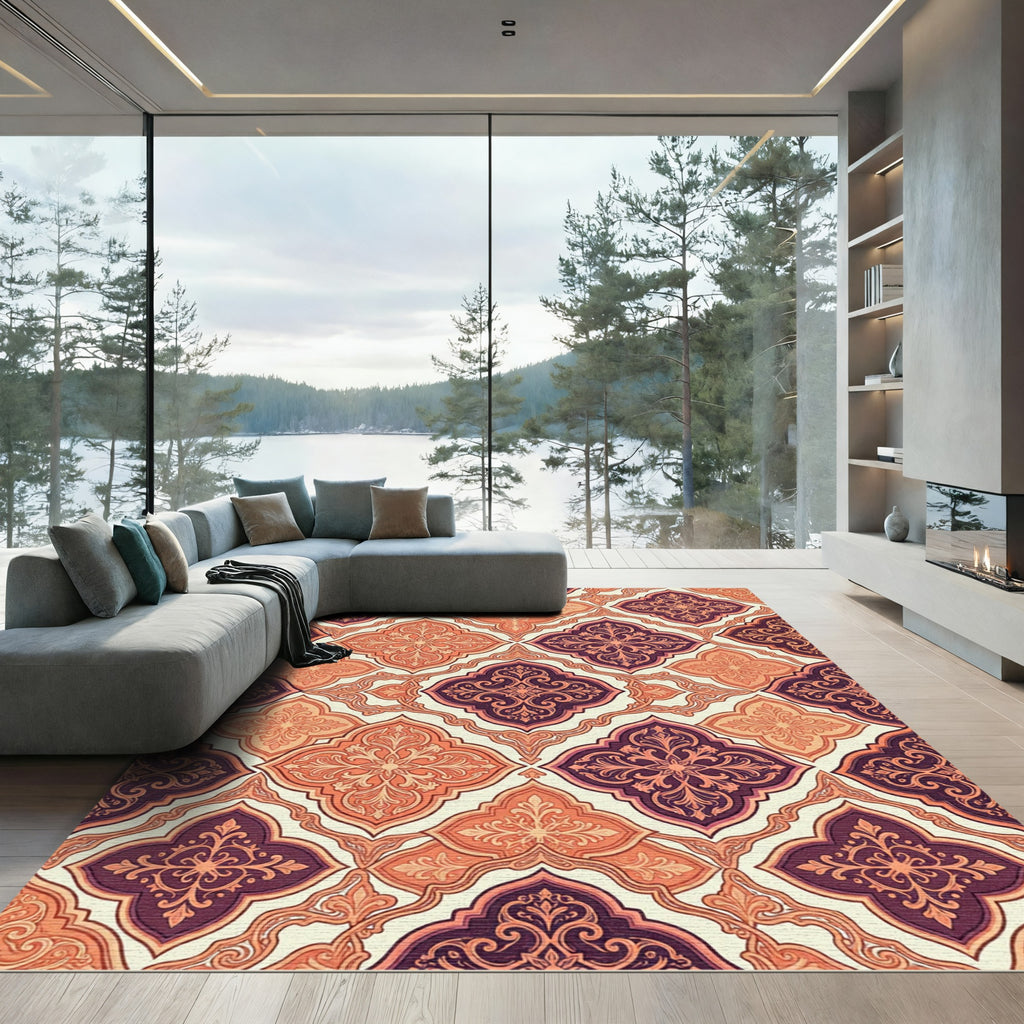 Rich Crimson Teal Quatrefoil Pattern Rug
