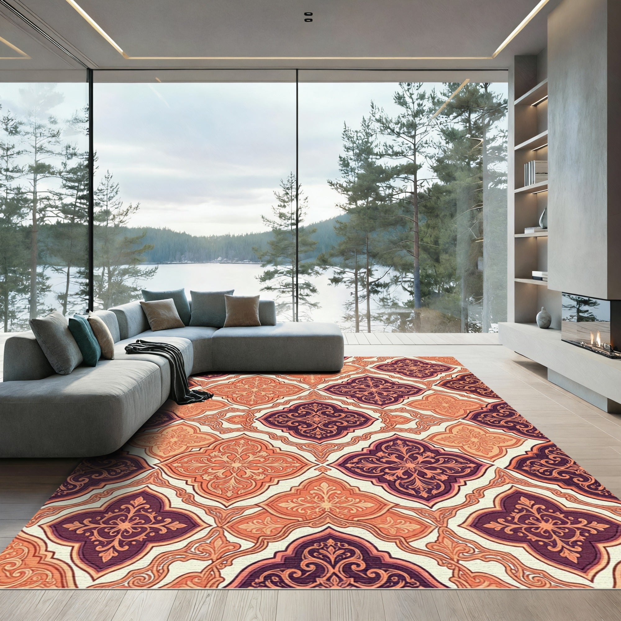 Rich Crimson Teal Quatrefoil Pattern Rug