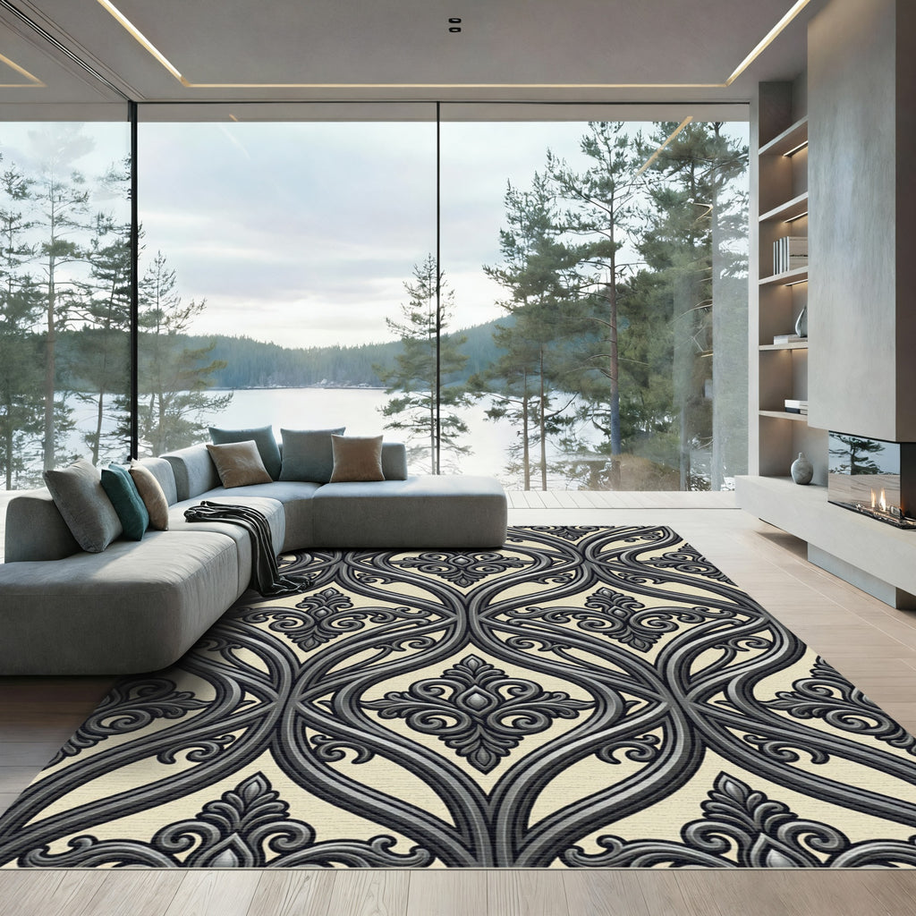 Elegant Charcoal Gray Damask Scroll Rug