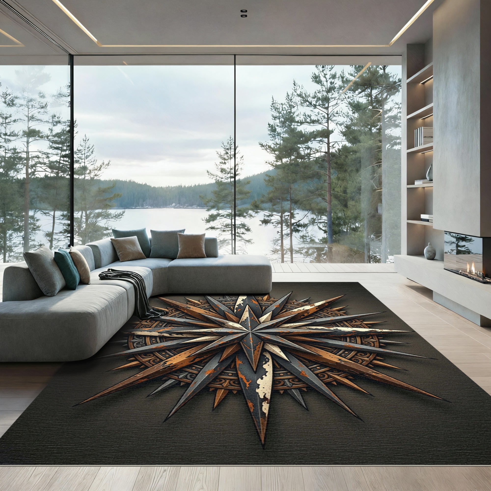 Aged Bronze Weathered Compass Star Rug